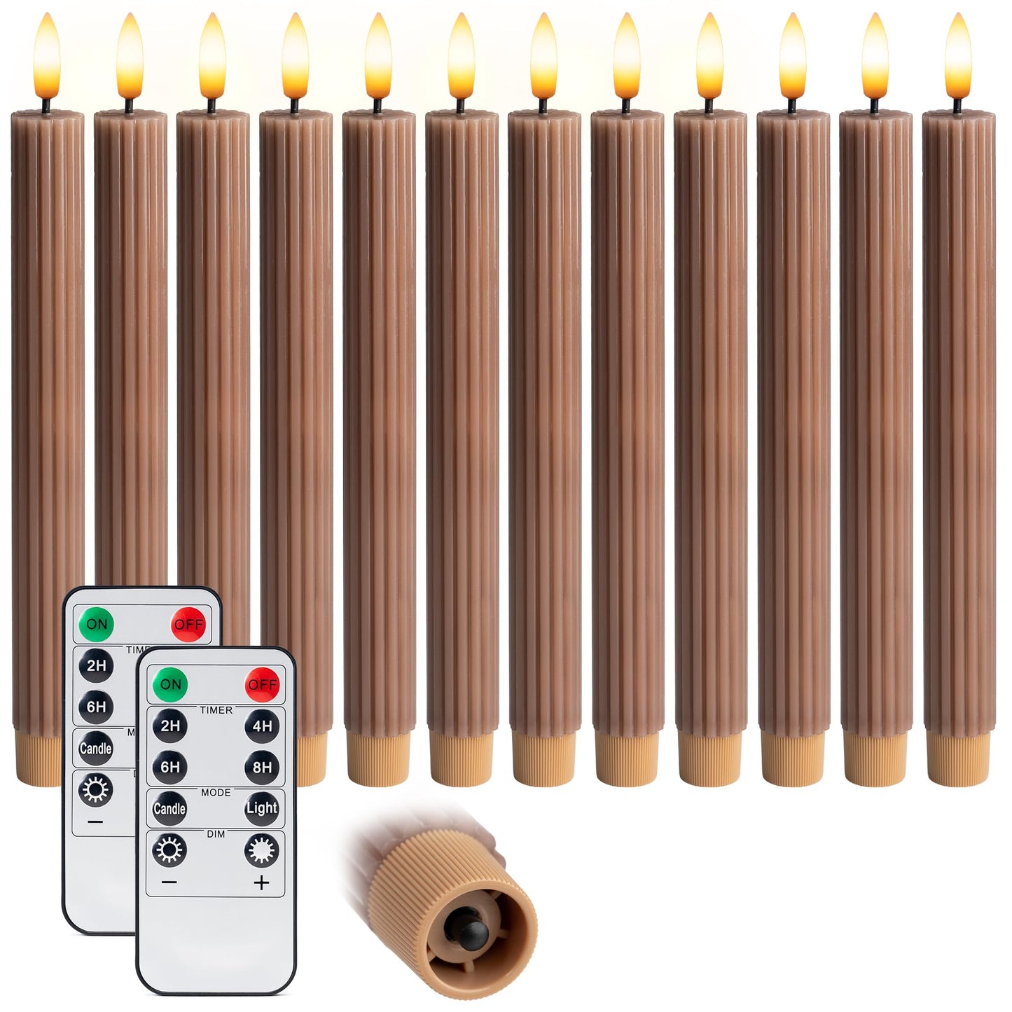West Ivory 12 Pack, 10" LED Flameless Brown Tan Fluted Ribbed Grooved Taper Candles w/ 2 Remotes & 24h Timer Memory, On/Off Button, Dimmable, Flicker Mode, Battery Operated, Christmas Menorah Wedding
