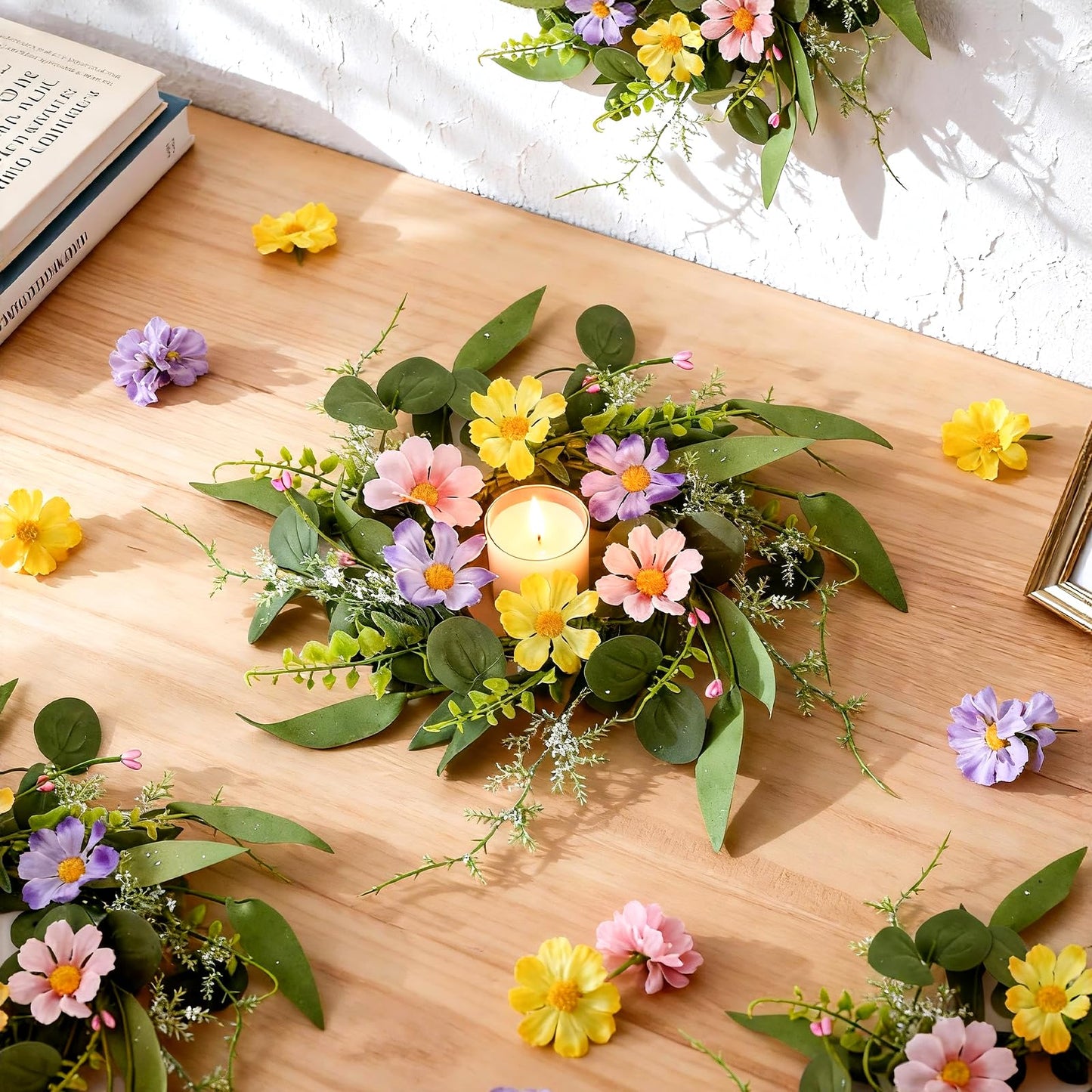 6 Pcs Small Spring Summer Candle Ring Wreaths Artificial Mini Pillar Candle Holder Wreath with Pink Purple Yellow Daisy Flowers and Eucalyptus Leaves for Home Kitchen Table Cnterpieces
