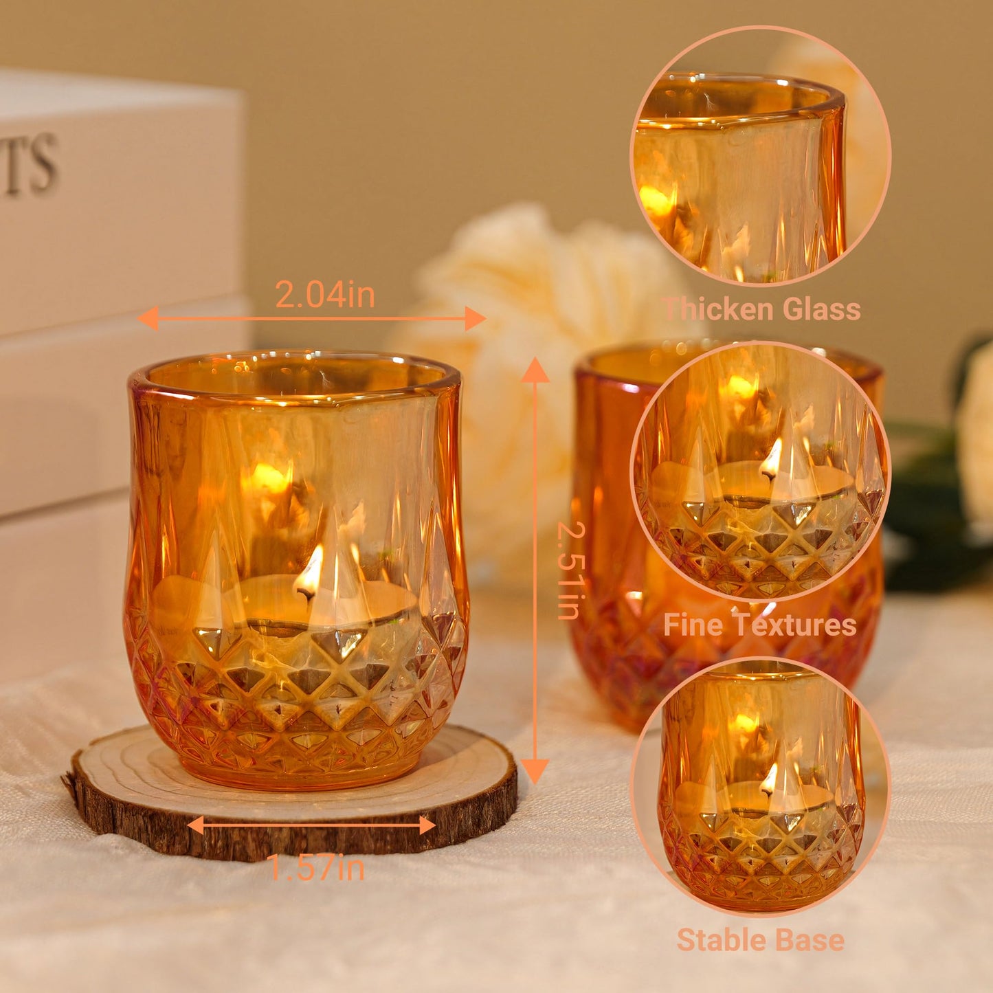 12 Pcs Votive Candle Holders, Amber Glass Tea Lights Candle Holder in Bulk for Table Centerpiece, Tealight Candle Holders for Wedding, Party, Home, Bridal Shower, Birthday