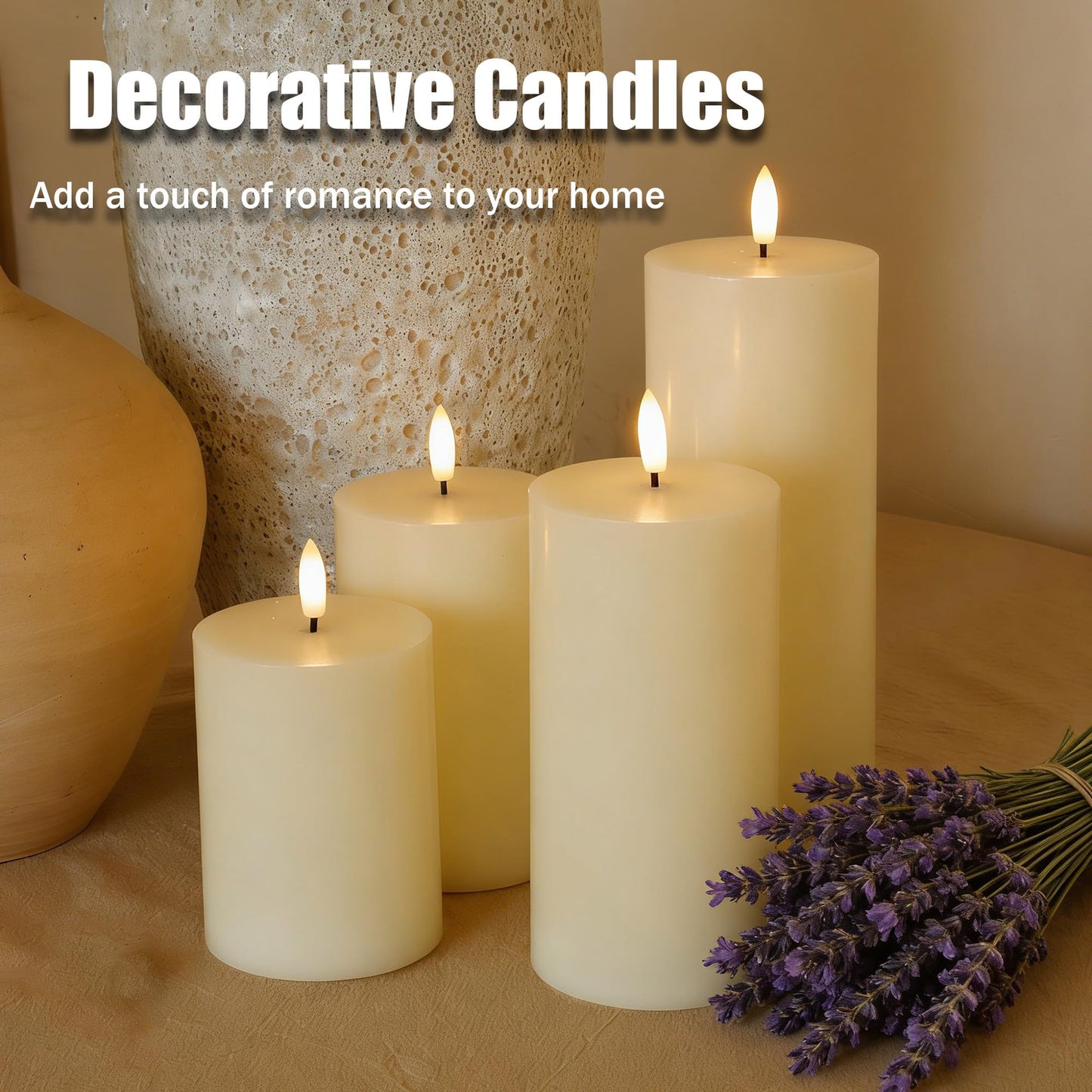 JOIONE Flameless Pillar Candles with Remote Set of 4, Real Wax LED Battery Operated Candles, Safe Home Décor for Living Room, Bedroom, and Dining Table, Ivory