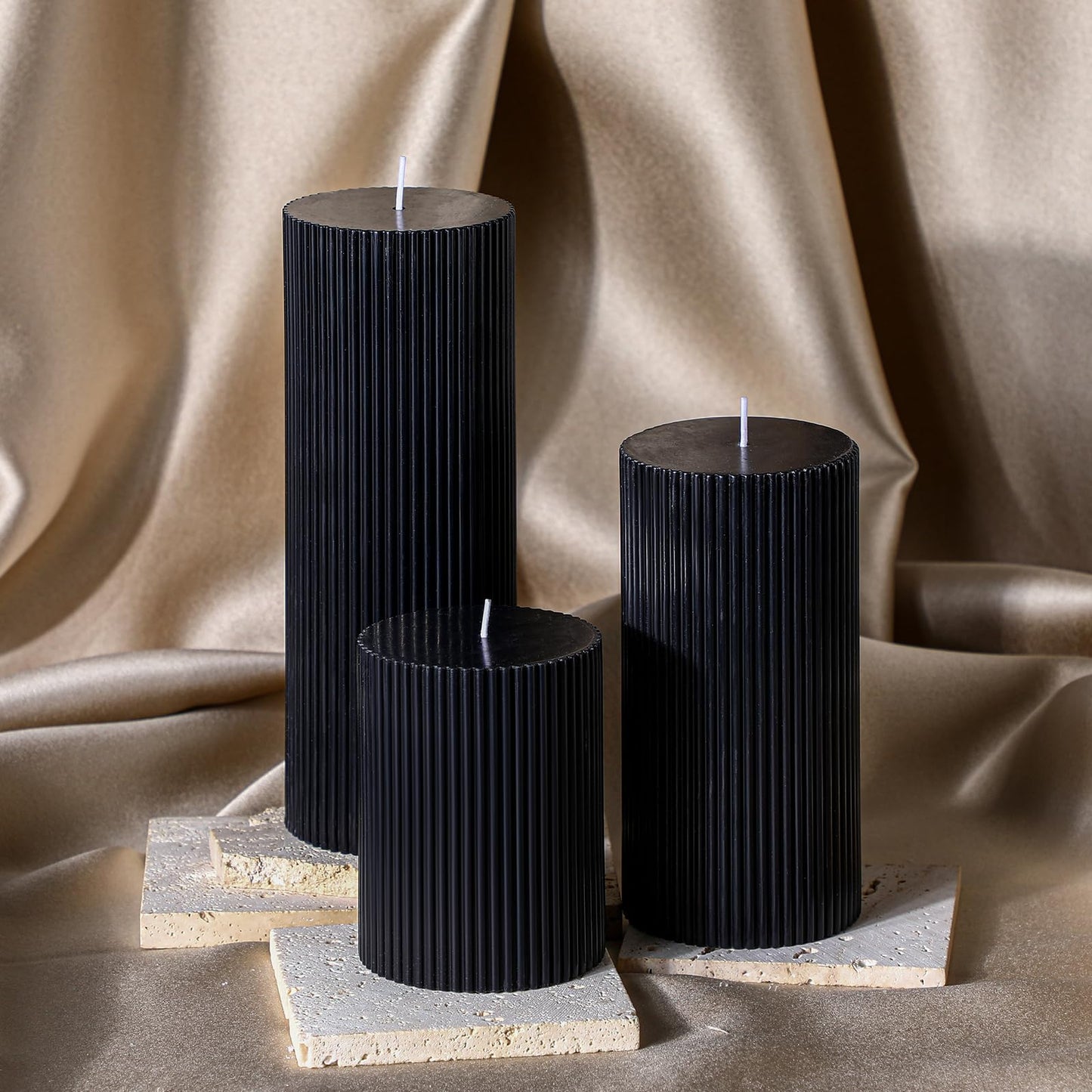Conelist Ribbed Pillar Candles Set of 3, Width 3" High 4" 6" 8" Large Soy Wax Orchids Scented Pillar Candles Aesthetic Ribbed Modern Home Decor for Bathroom Living Room(Black)