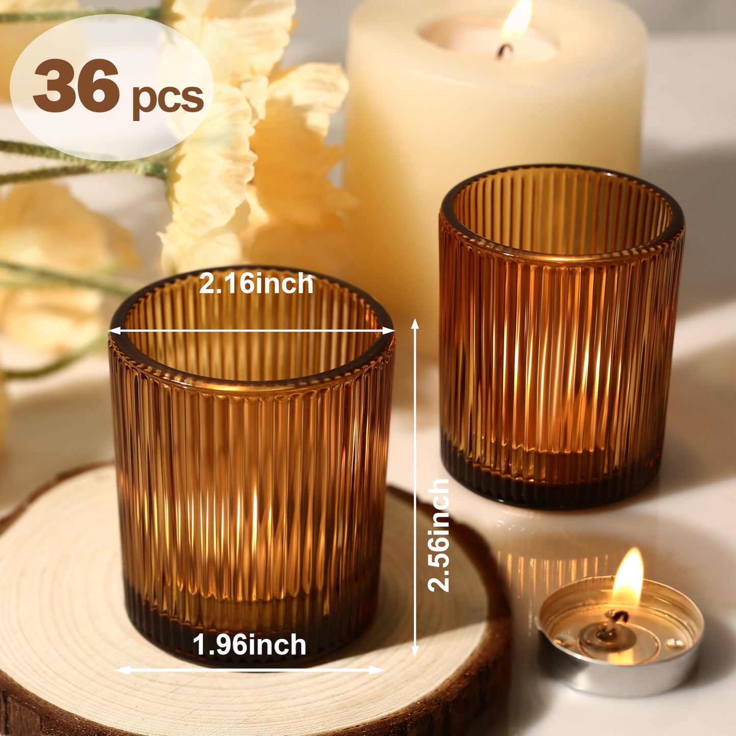 36pcs Amber Votive Candle Holders Thanksgiving Table Decor, Glass Small Tea Lights Candle Holders for Table Centerpiece for Home Decor Party Fall Boho Decor(36,Amber)