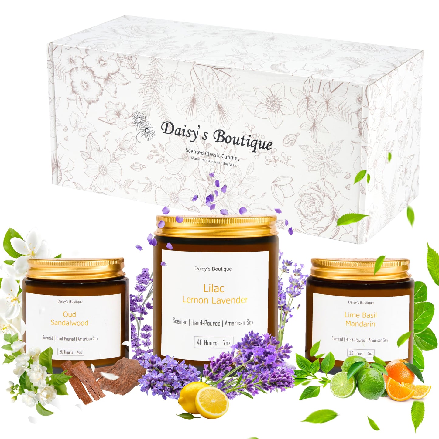 Scented Candles for Home Aromatherapy Candle Gift Present Set Soy Wax Long Lasting Gift Birthday Mother's Day Thanksgiving 3 Pack ((Lime Basil + Lavender Lilac + Jasmine Sandalwood) Amer Glass Jar)