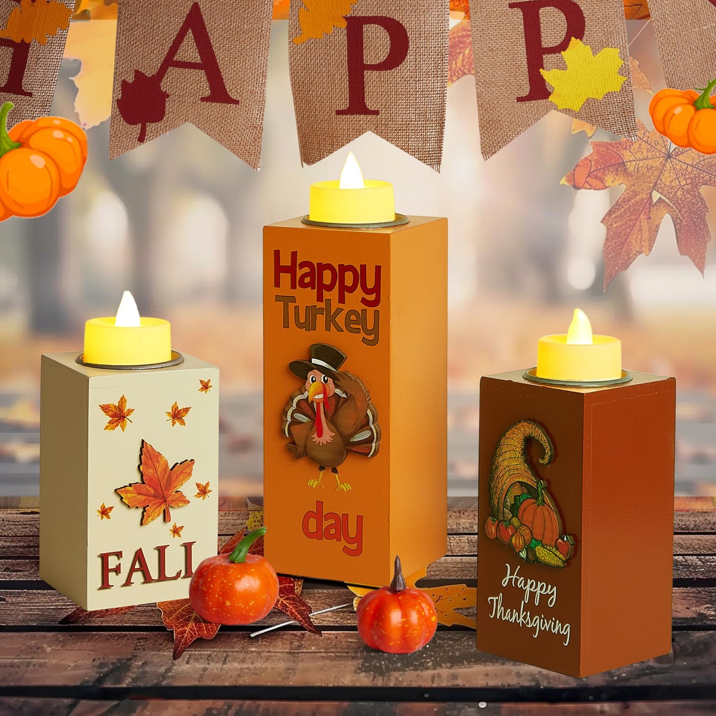 BlcTec Thanksgiving Decorations for Home 3 PCS Wood Candle Holders with LED Tea Lights & 3D Carving Craft, Rustic Candle Centerpieces for Home, Table, Office, Tiered Tray Fall Decor Thanksgiving Decor