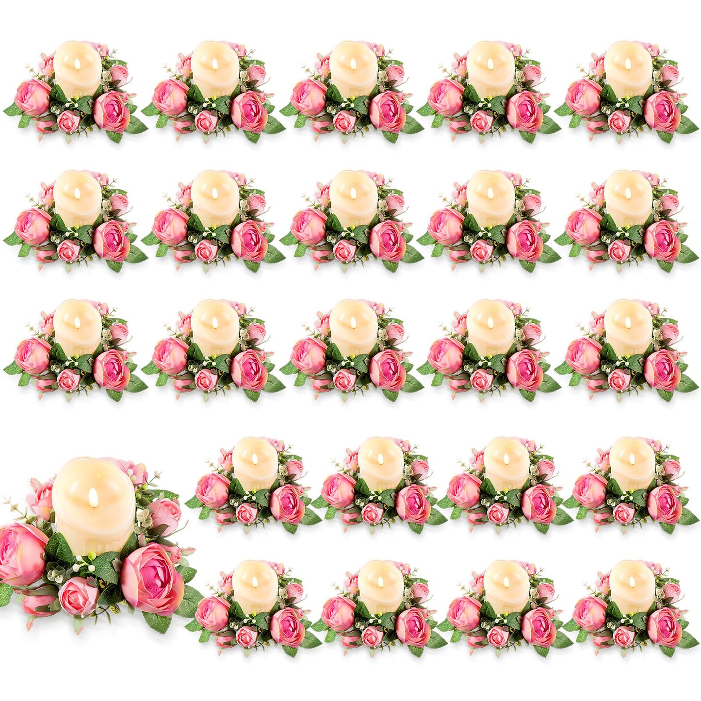 Kittmip 24pcs Candle Rings Bulk 3 Inch Artificial Candle Ring Wreaths with Flameless Candles Battery Operated LED Pillar Candleholders for Christmas Wedding Party Table Centerpiece Decor(Rose)