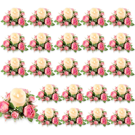 Kittmip 24pcs Candle Rings Bulk 3 Inch Artificial Candle Ring Wreaths with Flameless Candles Battery Operated LED Pillar Candleholders for Christmas Wedding Party Table Centerpiece Decor(Rose)