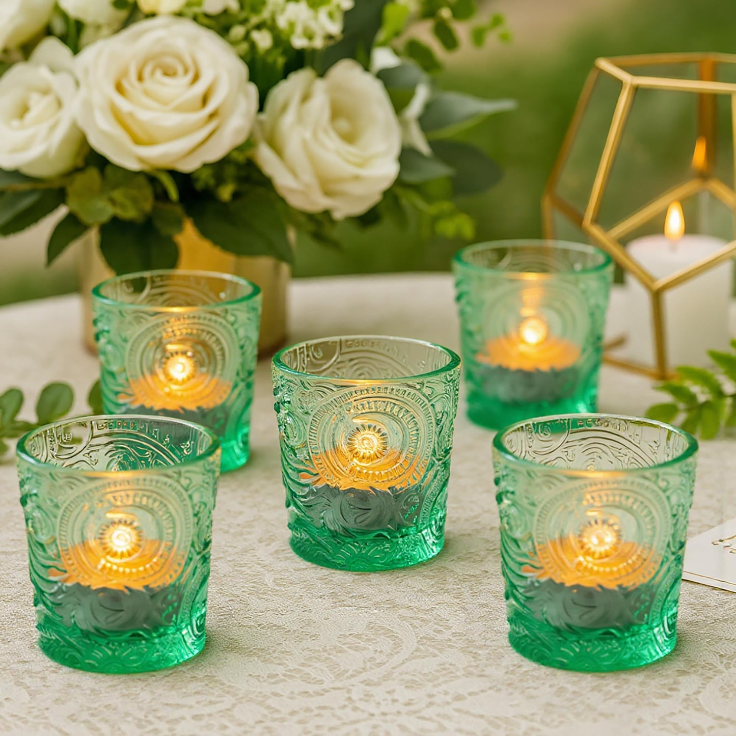 6 Pack Sun Moon Star Embossed Glass Tea Light Candle Holders - Votive Candle Holders for Wedding, Party, Home Decor, and Table Centerpieces (Apple Green)