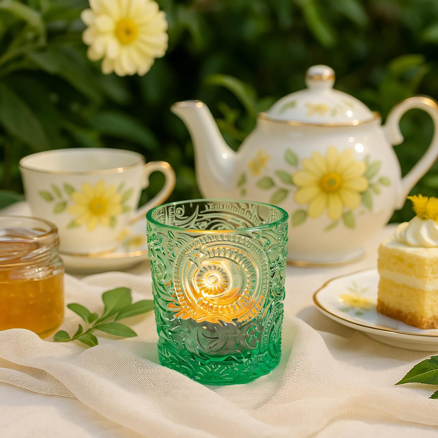 6 Pack Sun Moon Star Embossed Glass Tea Light Candle Holders - Votive Candle Holders for Wedding, Party, Home Decor, and Table Centerpieces (Apple Green)