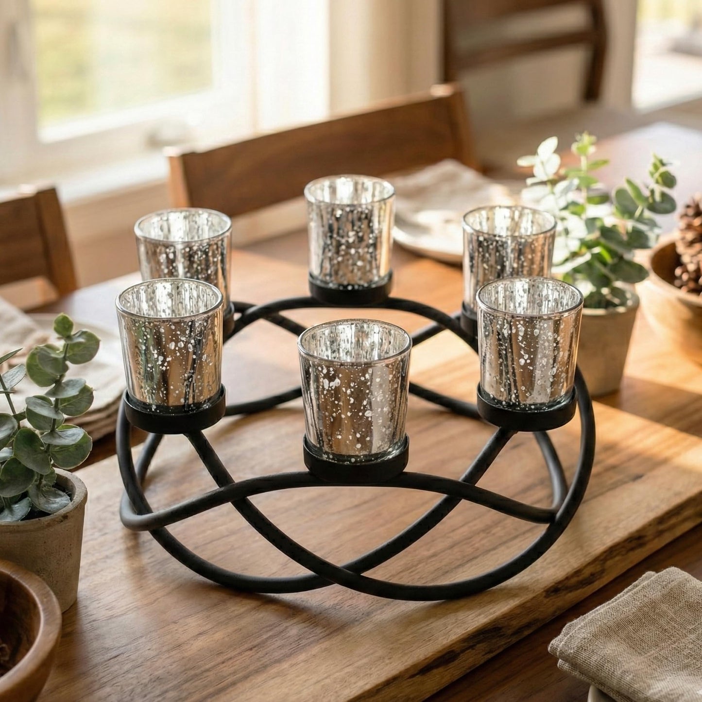Seraphic Centerpieces for Table Decorations - Round Candle Holders for Outdoor Patio, Dining, Kitchen, Coffee & Wedding Table Decor, Black Iron Candelabra, 6 Silver Glass Votive Tealight Cups