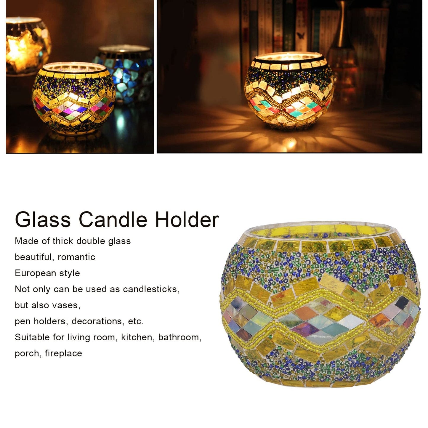 BEIJIALY Glass Votive Candle Holder, Mosaic Tealight Candle Holder Beautiful Romantic European Style Glass Candlestick Holder for Wedding Decoration