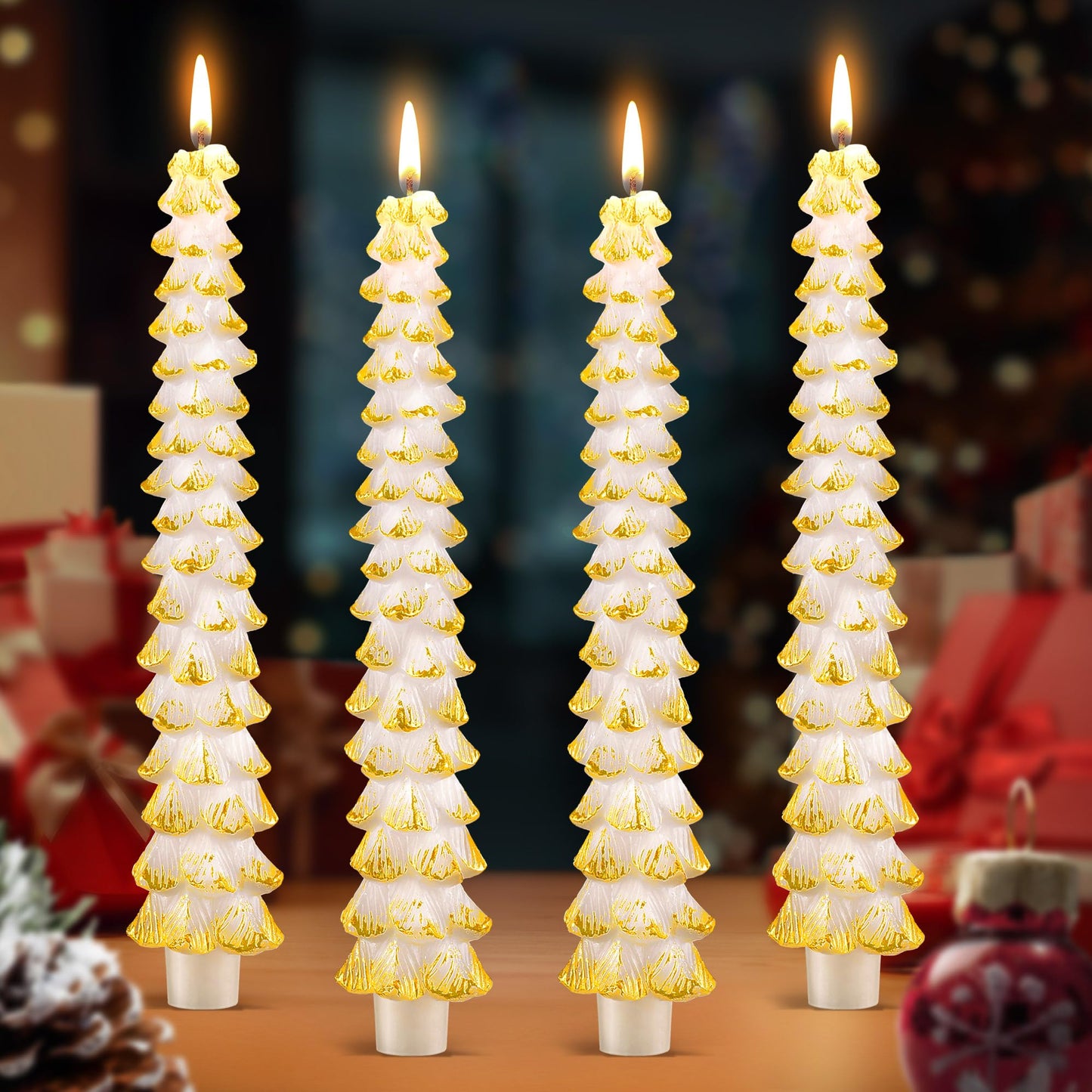 Ceoighe 4 Pack 10 Inch Christmas Tree Candles, Premium Natural Unscented Beeswax Christmas Tree Shaped Taper Candles with Cotton Wick, for Xmas Holiday Decor Party Banquet (White with Gold Trim)