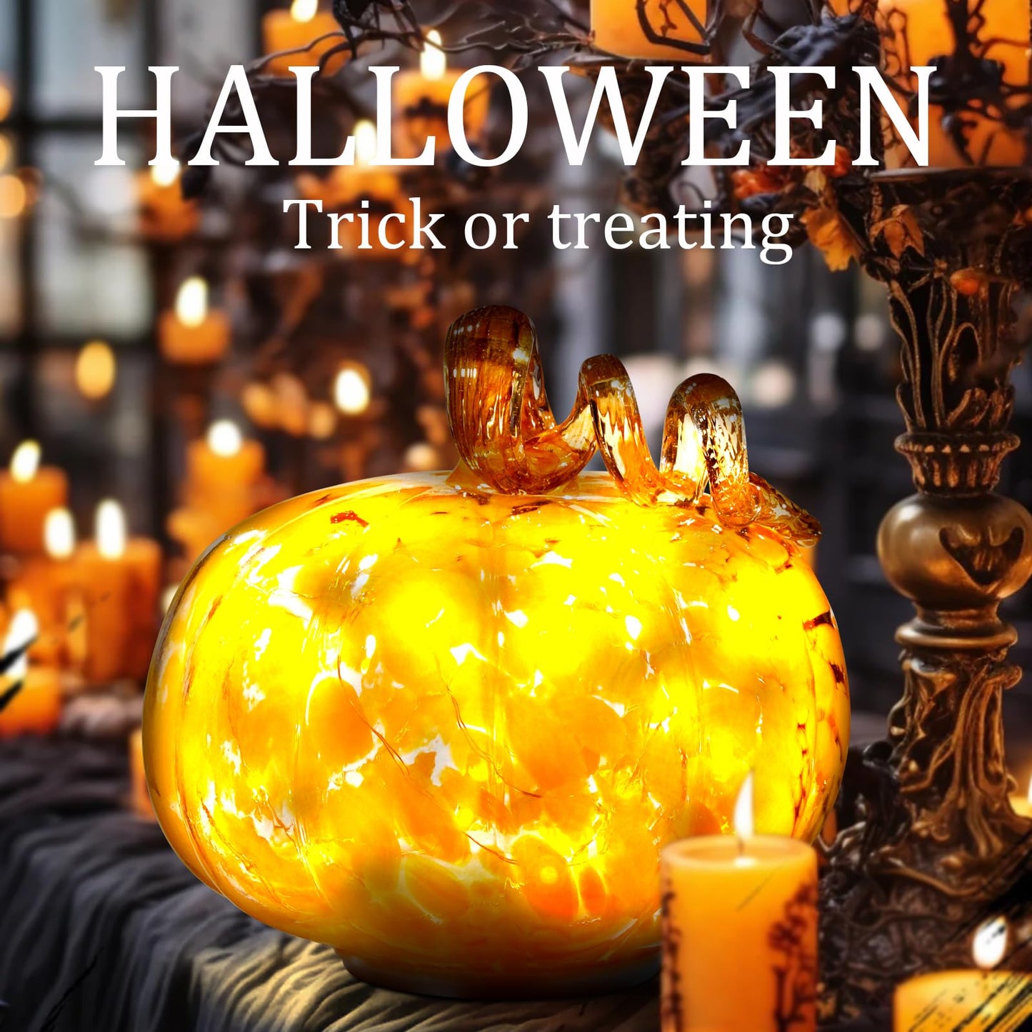 Naboher Handcrafted Glass Pumpkin with Warm LED Lights - Halloween & Thanksgiving Decor, Gift-Worthy Fall Home Decoration, 5.9-Inch Light-Up Tabletop Centerpiece (Vine Orange)