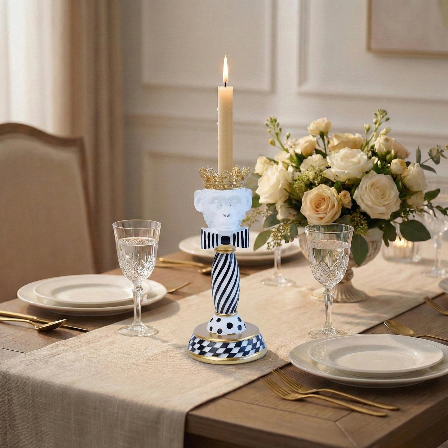 Crowned Animal Candlestick Holder Black & White Checkerboard Taper Candle Holder with Gold Accents Eclectic Resin Statue for Modern Home Decor, Table Centerpiece