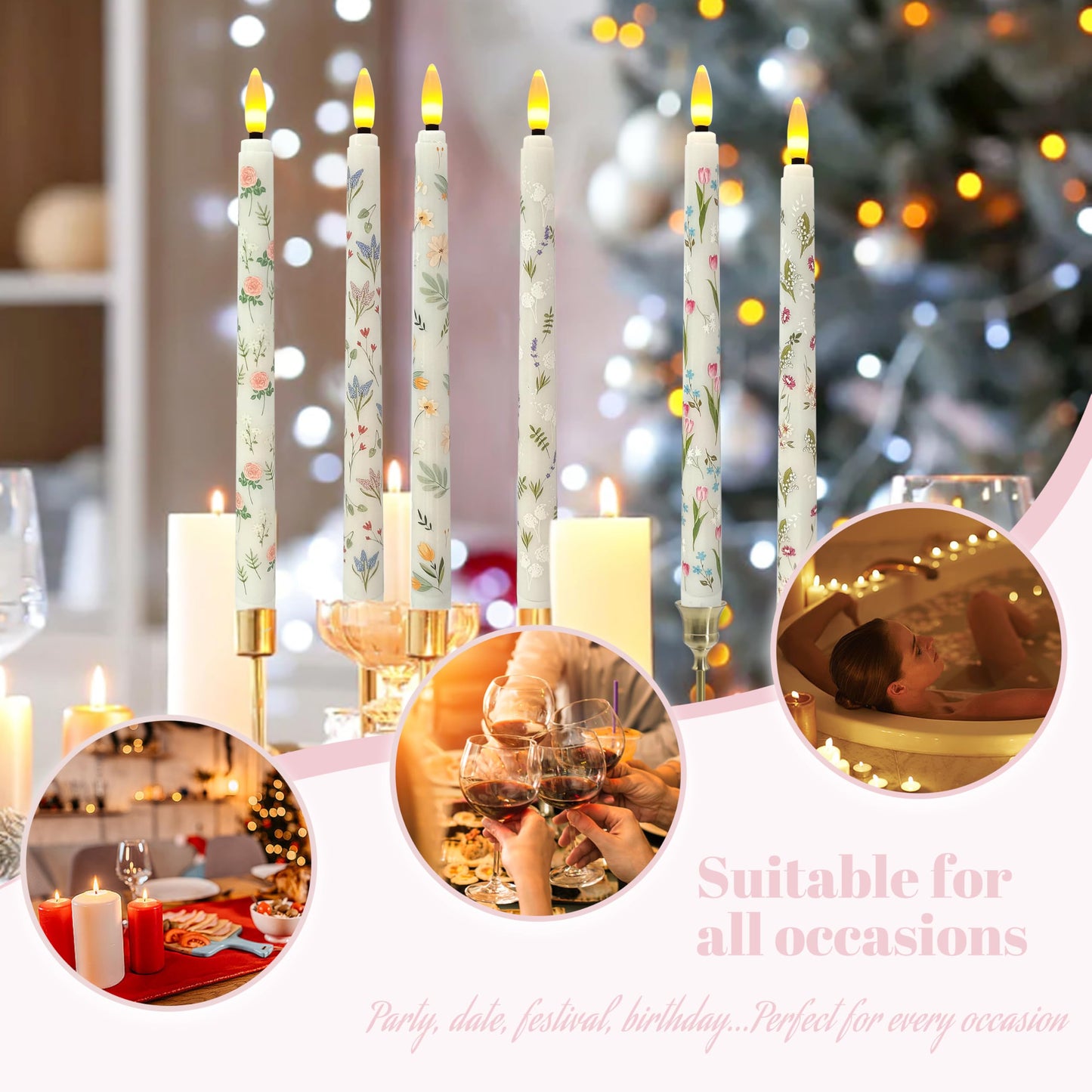 FCMSHAMD 6PCS Floral Flameless Taper Candles, 11 Inch LED Candlesticks Battery Operated with 11-Key Remote and Timer, 3D Flickering Flame Lights for Wedding Party Home Decor Gifts