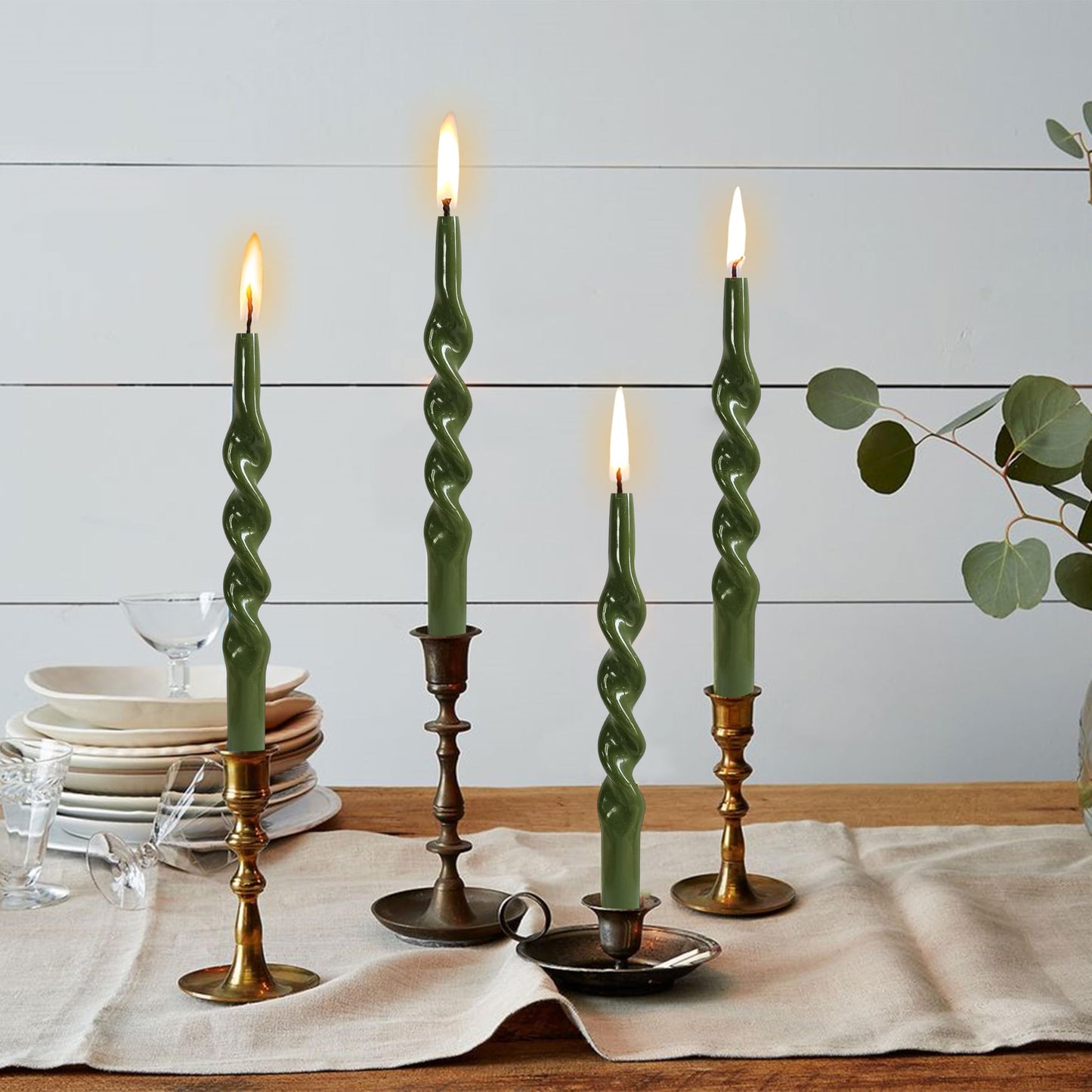 10 Inches Spiral Taper Candles Sticks Olive Green Twisted Candle Dripless Unscented Long Candles, Handmade Candlesticks for Wedding Dinner Decor, Set of 4