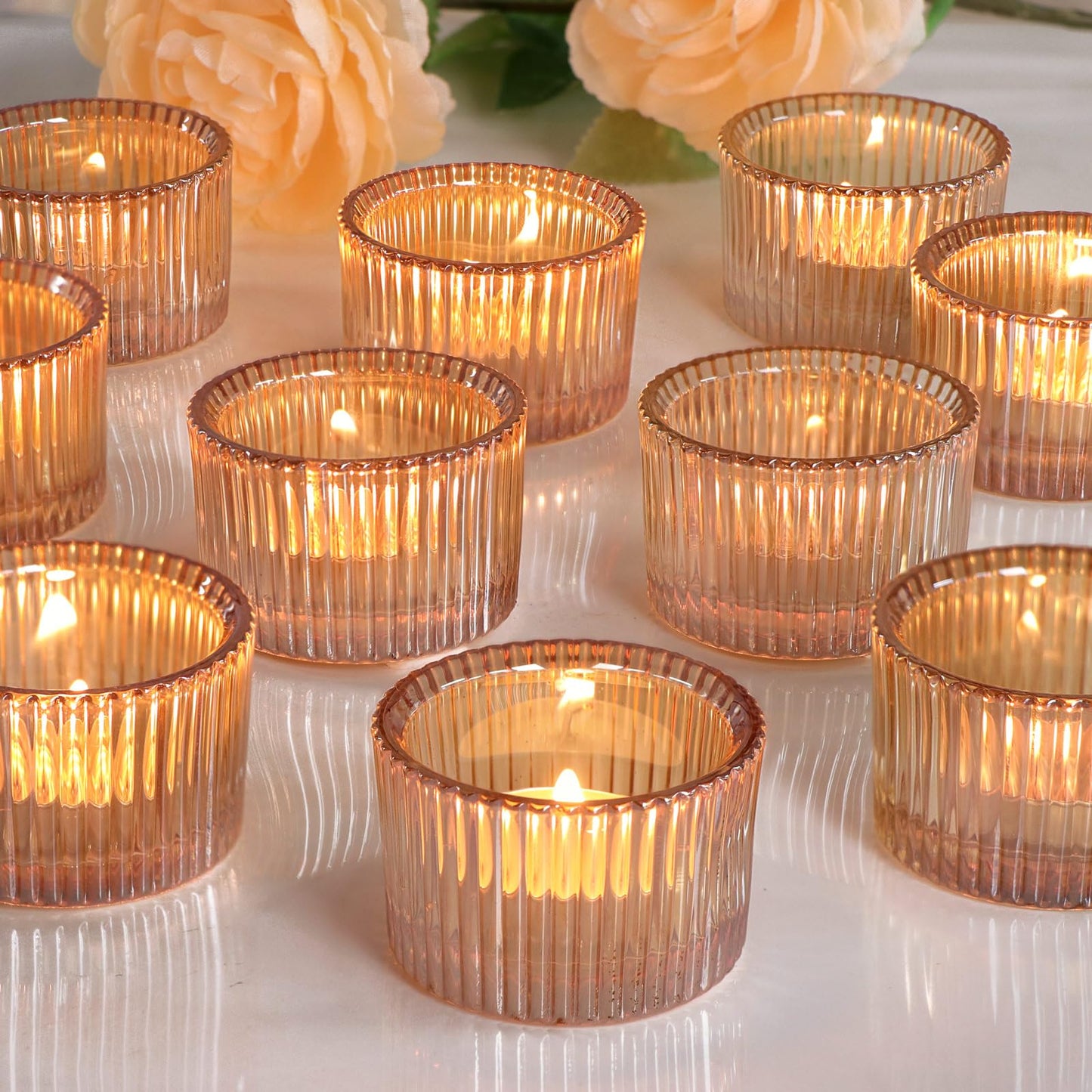 Lanttu Tealight Candle Holder Set of 12, Gold Small Votive Candle Holders for Table Centerpiece, Glass Tea Light Candles Holder for Party & Home, Wedding Decor (2'' Dia x 1.4'' H)