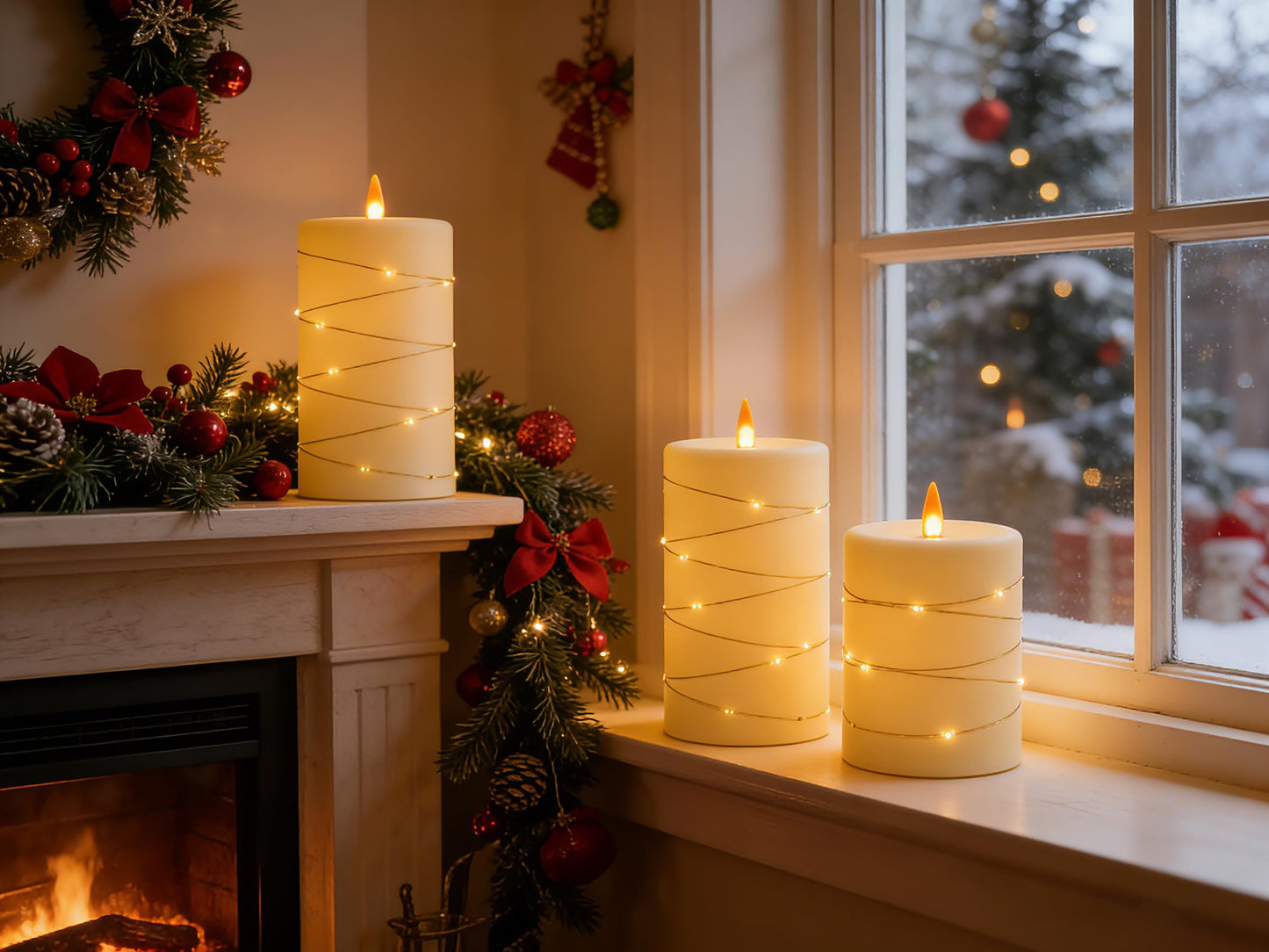 Flickering flameless candles, battery-powered, with string lights, remote control and timer functions, LED pillar candles (3-piece set) in ivory, suitable for home, party, and other decorations