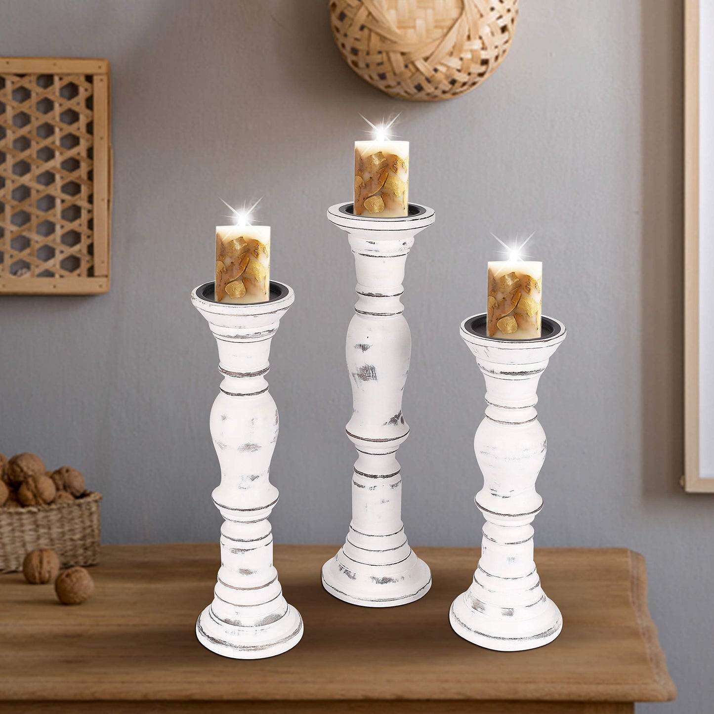 Candle Stands Wooden for Pillar Candles,Rounded Turned Colums, Sustainable Woods, Country Style, Idle for Reiki, Aromatherapy, Votive Candle Garden Home décor - 16,14,12 Inch Set of 3 - White Antique