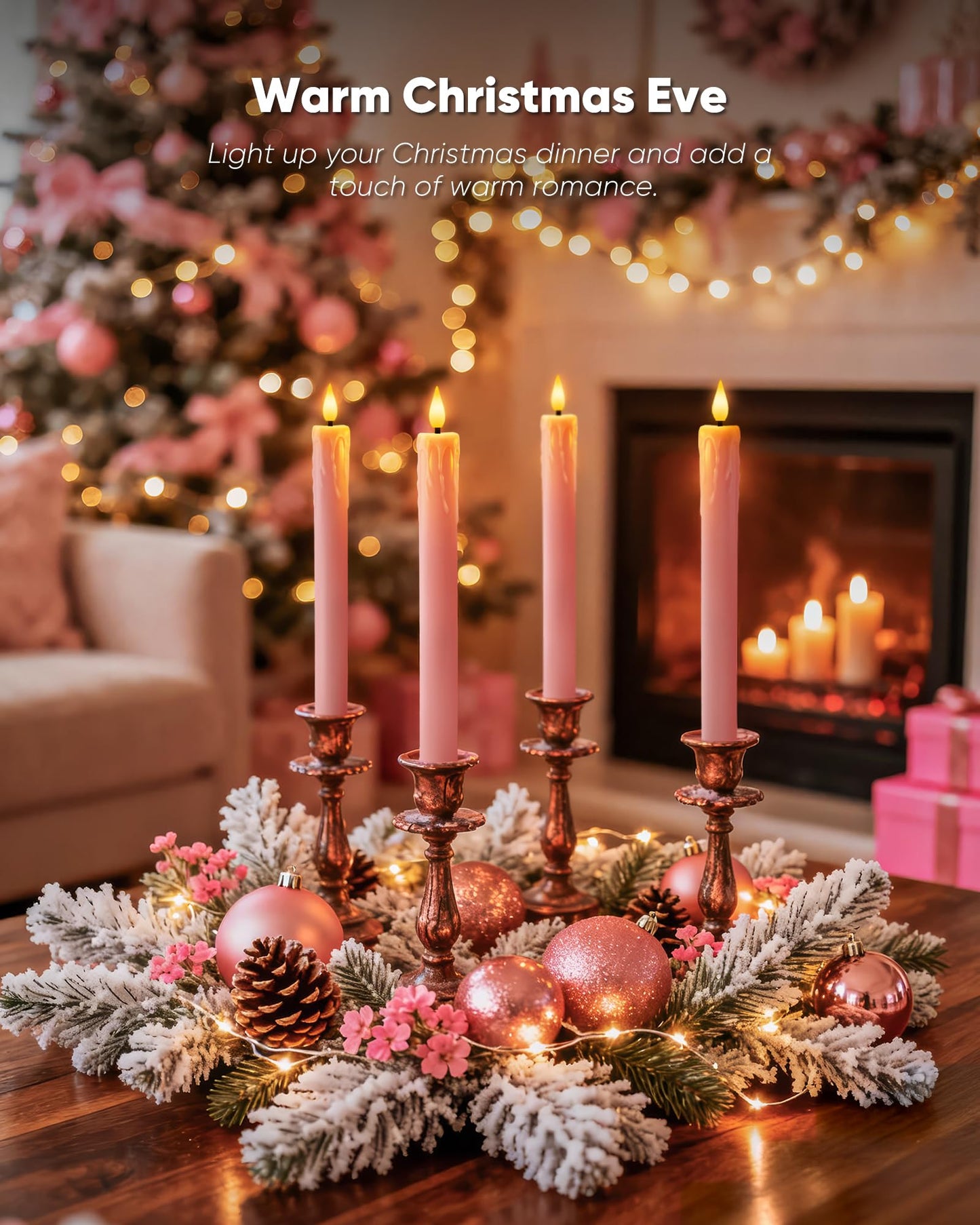 Homemory 6 Pcs Real Wax Pink Flameless Taper Candles with Remote Timer, 9.6 Inches LED Fake Candlesticks, LED Candle with 3D Flickering Flame for Romantic Wedding, Dinner, Xmas Anniversary Decor