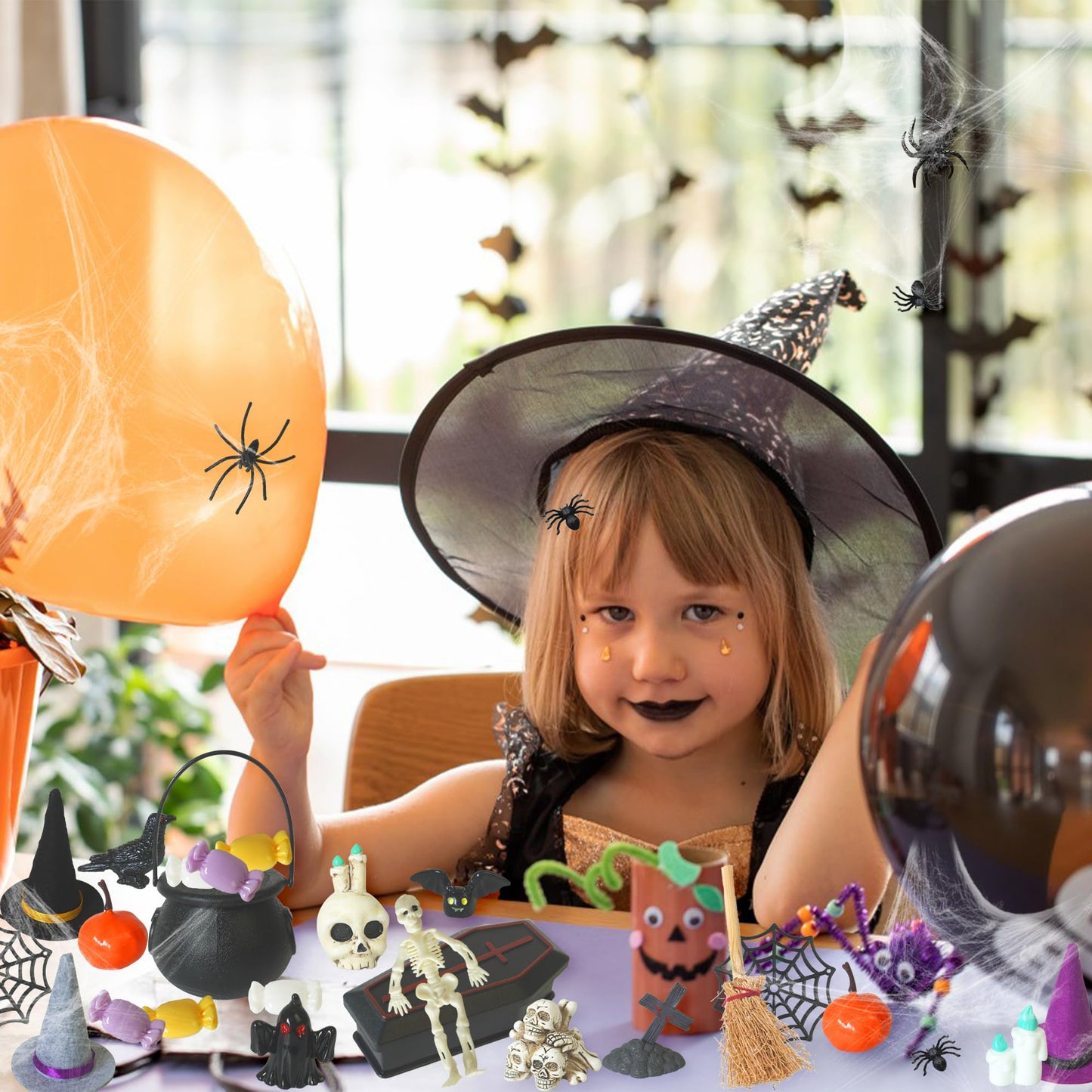 ZXSWEET Halloween Village Ornaments Accessories Desktop Decorations Witch Hat Coffin Skeleton Spider Pumpkin for Halloween Party Tabletop Decoration Supplies
