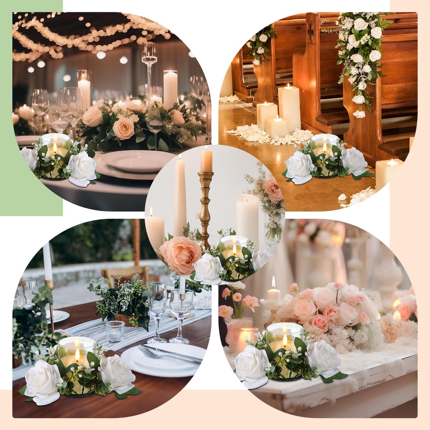 Yunlly 12 Pcs Rose Candle Rings with Flameless Candles Sets, Artificial Flower Eucalyptus Wedding Centerpiece 3 Inch Pillar Candleholders Wreaths for Wedding Party Mother's Day (White)
