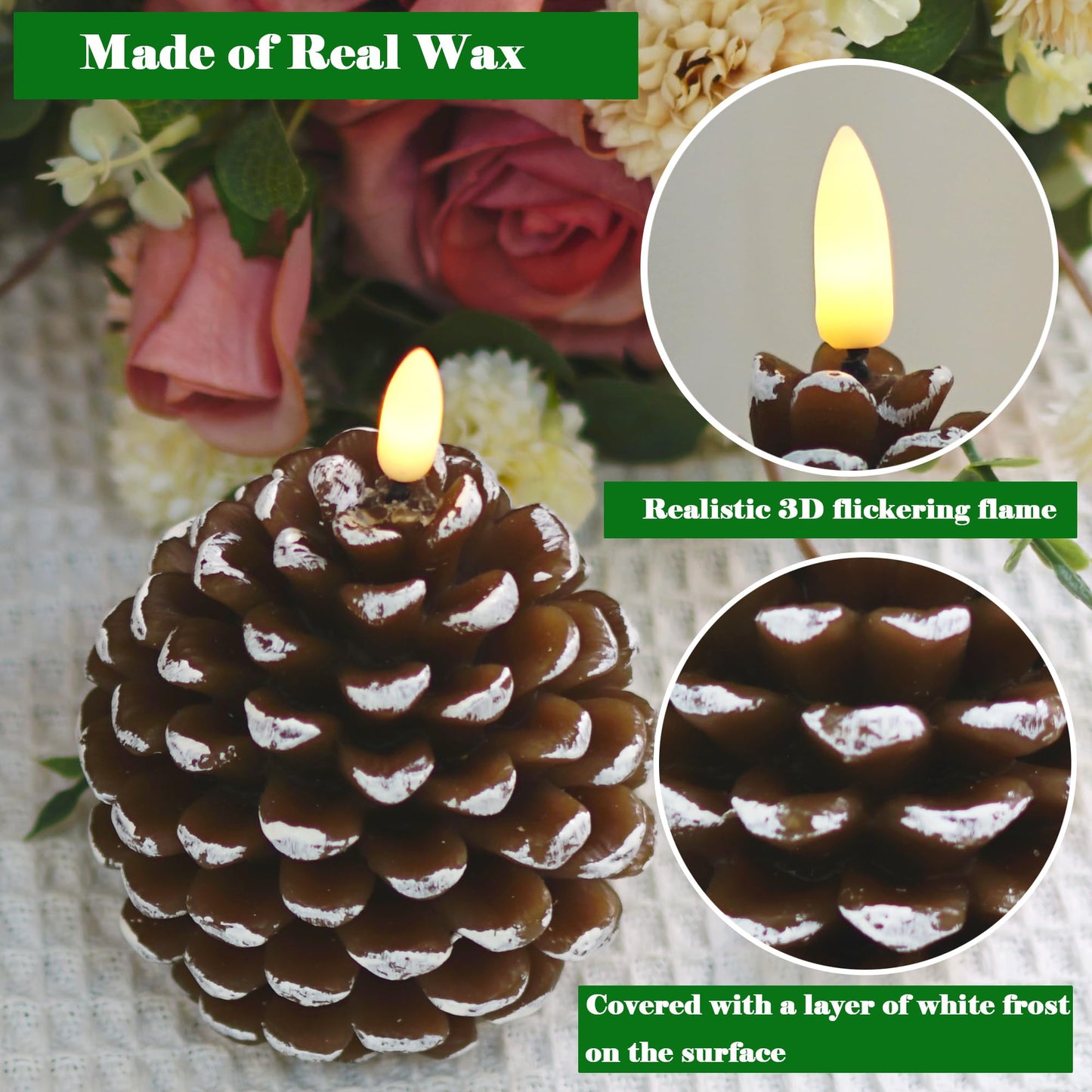 VOELIGT Set of 2Pcs Pinecone Flameless Candles Brown White Christmas Gift Home Decoration Candle Light