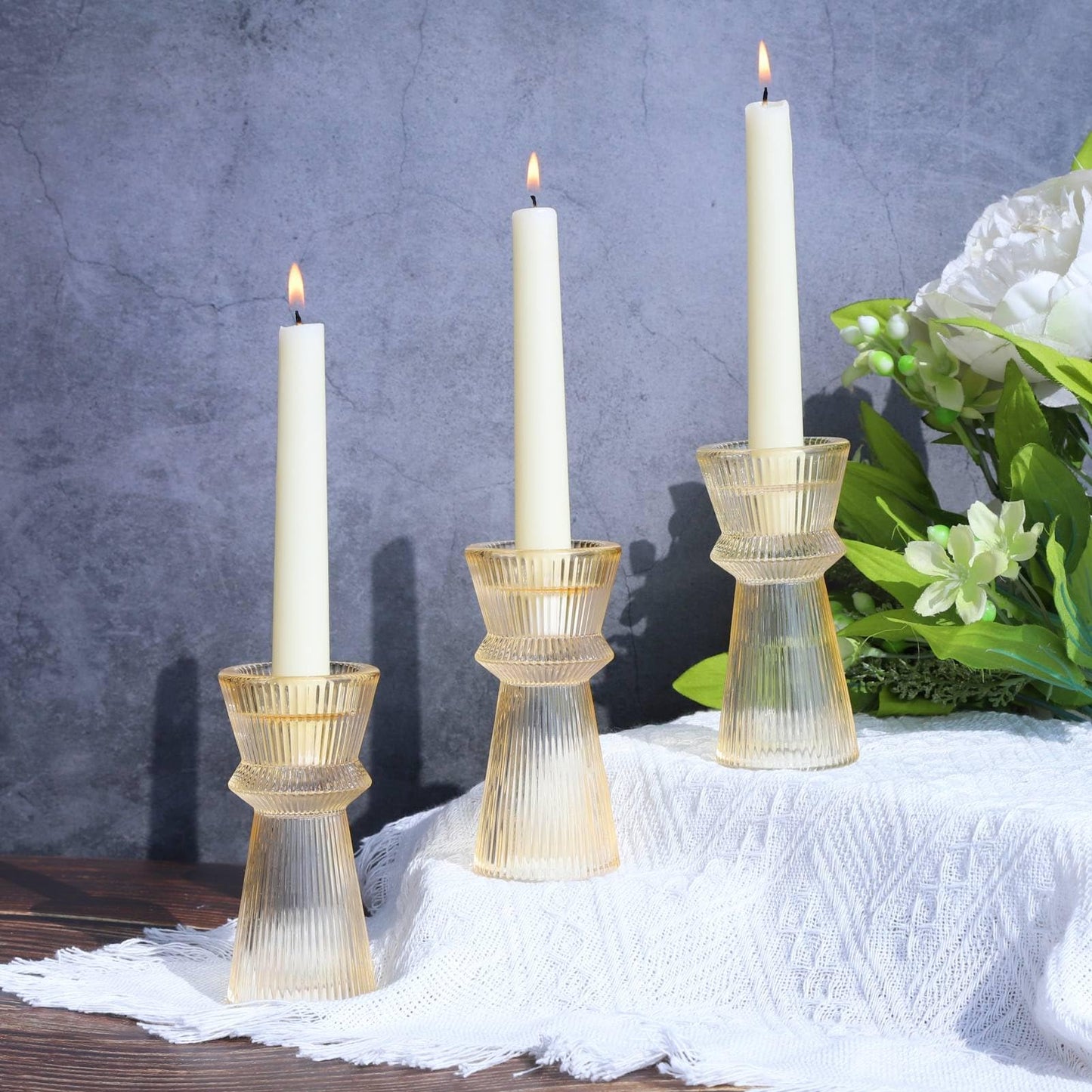 VOHO Gold Candlestick Holders for Holiday Decor, Set of 3 Ribbing Glass Taper Candle Holders Classy for Wedding Christmas Table Centerpieces, Gold Candle Holders for Candle Sticks & Tealight Candles