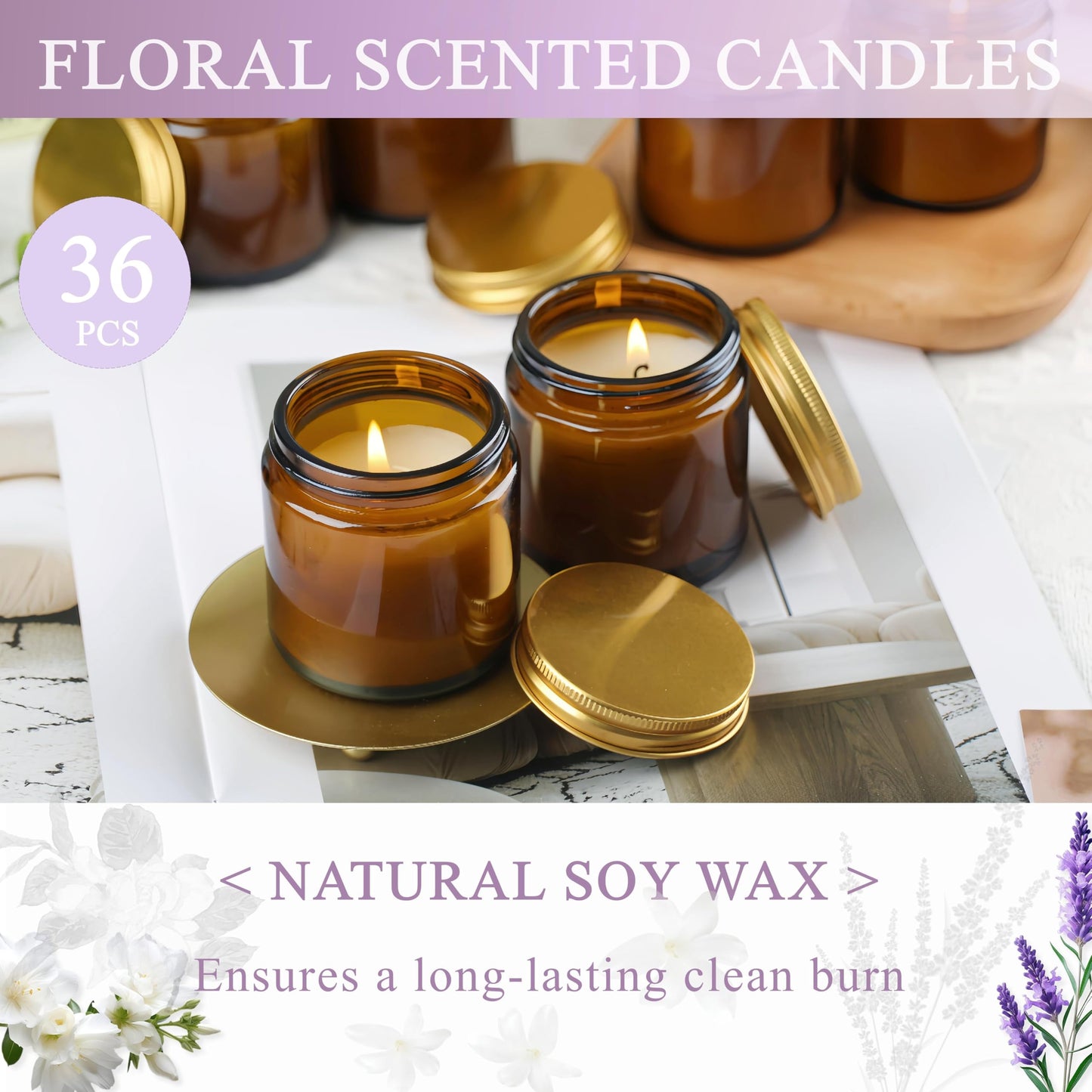 ACITHGL 36 Pcs 4oz Mini Mason Jar Candles Small Scented Candles Bulk Aromatherapy Ideal Souvenir Favors for Wedding Birthday Party (Freesia, Lavender, Jasmine, Amber)