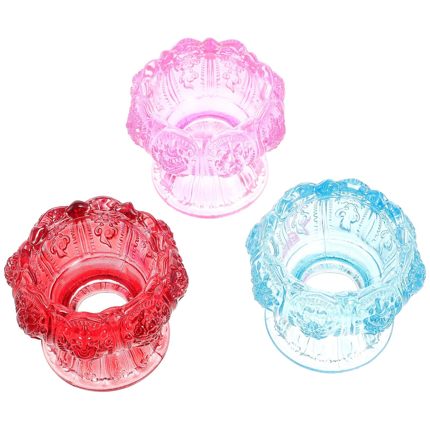HOMOCONO 3pcs Glass Candleholder Set with High Base, Blue Red Pink Small Decorative Butter Lamp Holders for Desktop Religious and Home Décor