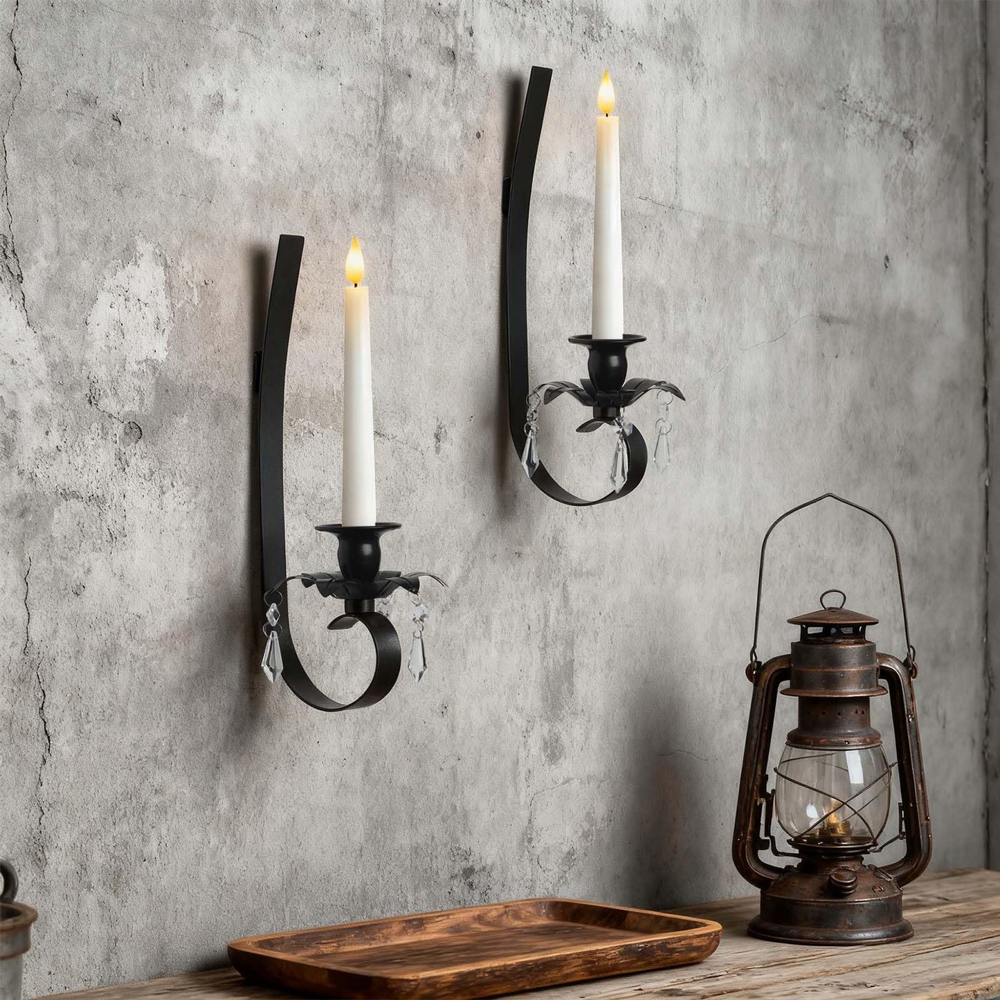KEHAIL Set of 2 Black Metal Wall Candle Sconces with Crystal Pendant - Hanging Candle Holder for Farmhouse Fireplace, Living Room, Hallway, Stairway Decor (2, Black-A Style)