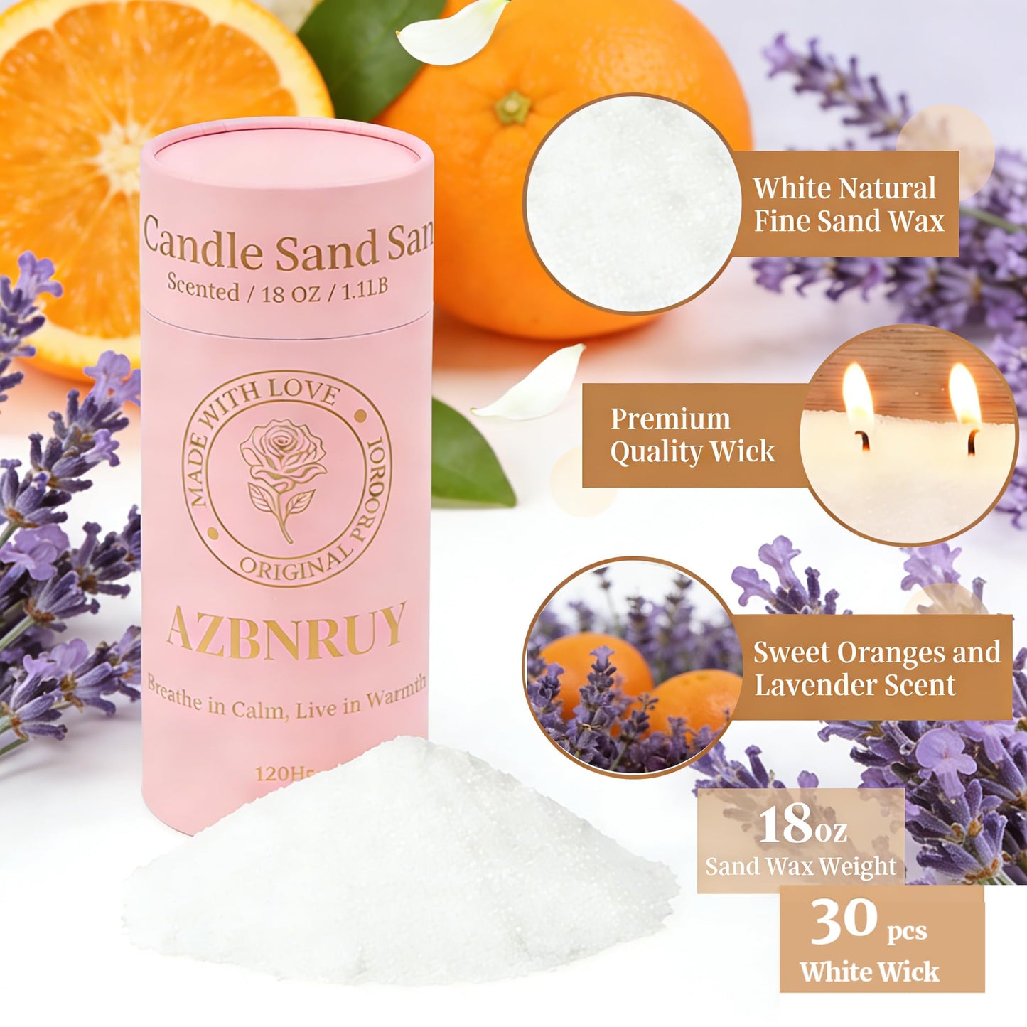 Pearled Sand Candles with Wicks 18 Oz-Refillable Citrus&Lavender Scented Natural Pearled Candle Sand Wax Pearl Candle Powder Beads-Non Toxic Luxury Long Lasting 120 Hours DIY Candles Making Kit White