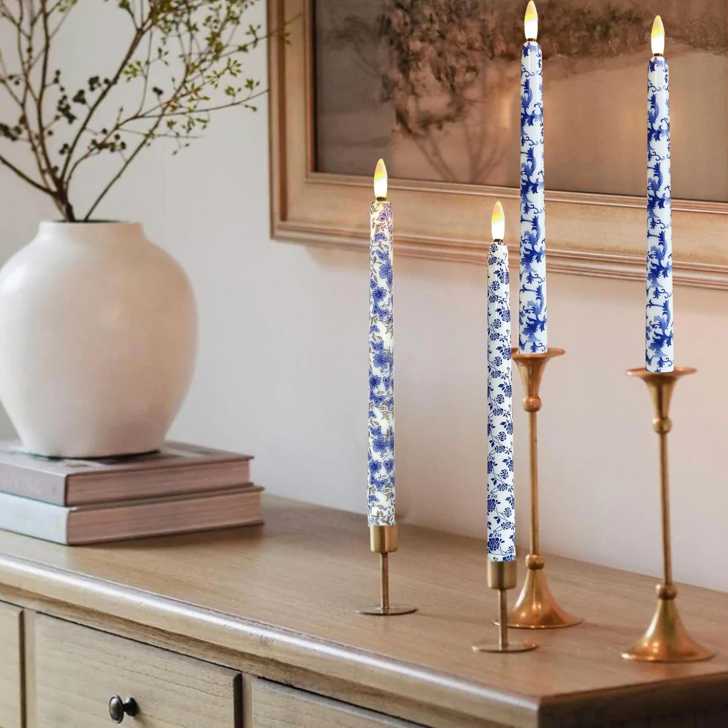 FCMSHAMD 6PCS Blue and White Porcelain Flameless Taper Candles, 11 Inch LED Candlesticks Battery Operated with 11-Key Remote and Timer, 3D Flickering Flame Lights for Wedding Party Home Decor Gifts