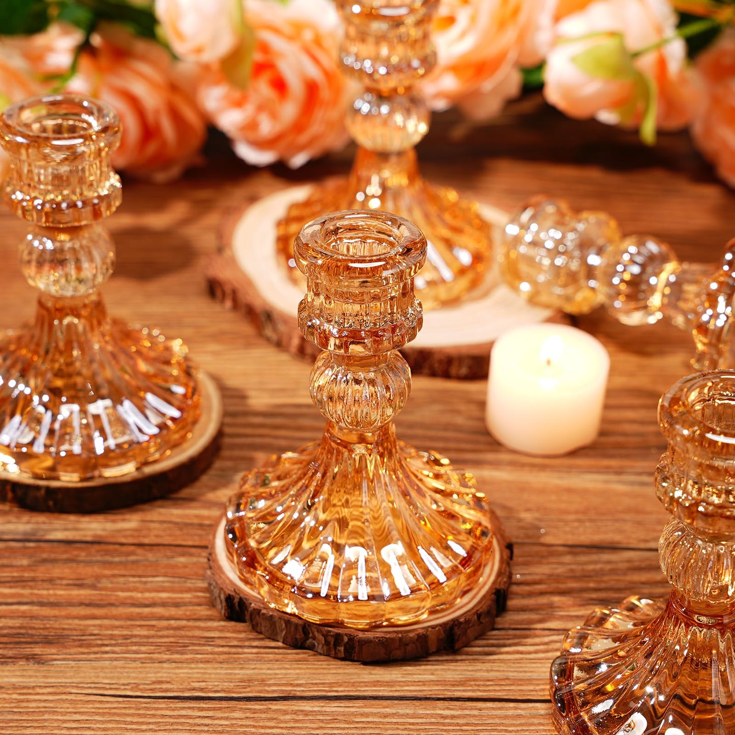 Maxcheck Set of 6 Candlestick Holders Taper Glass Candle Holder Decorative Candle Stand for Wedding Christmas Party Table Centerpiece Anniversary Festival Home Decor(Amber)