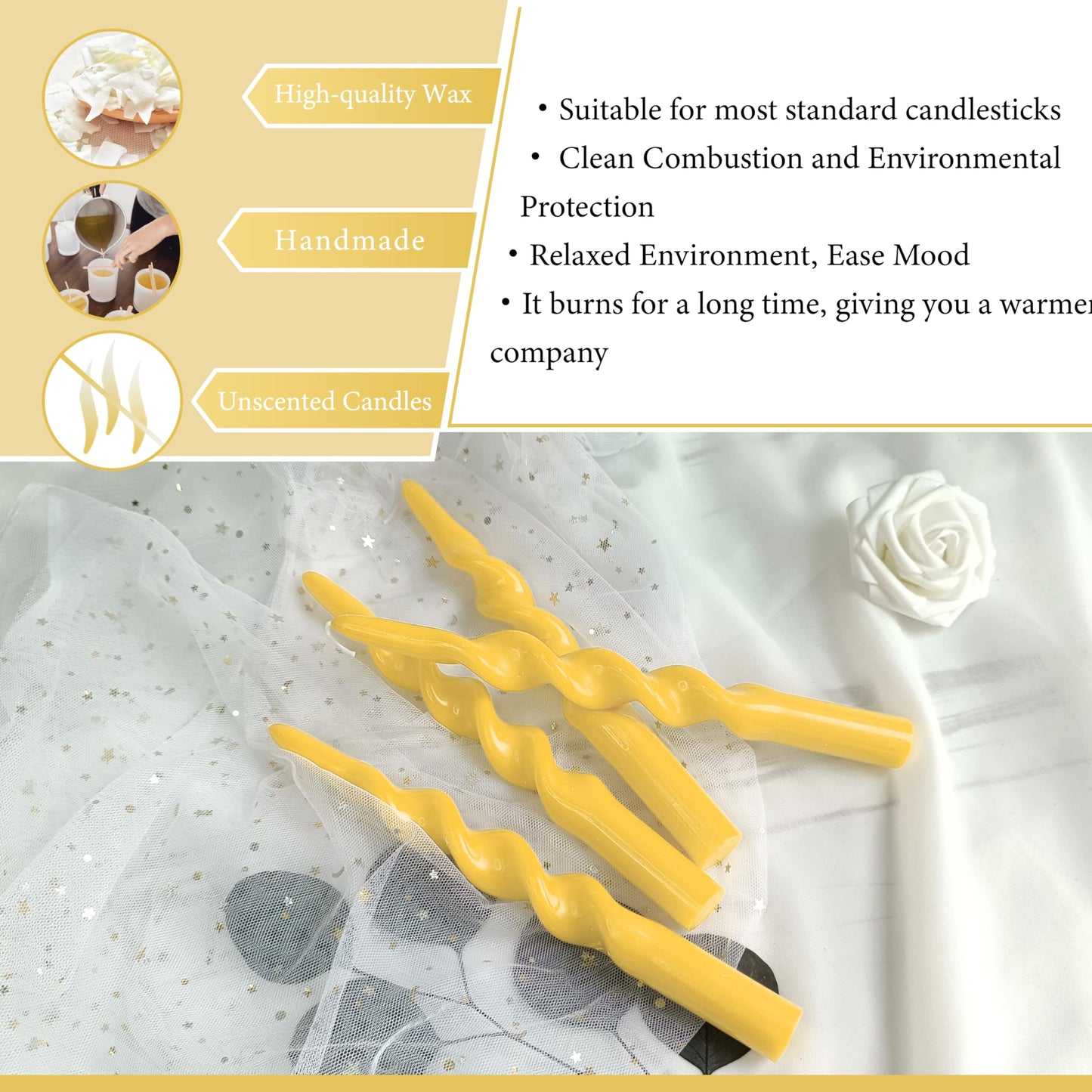 Beeswax Spiral Taper Candles Smokeless Twisted Candle Sticks 4 Pack Yellow Taper Candle Sticks 10 inch Tall Taper Candlesticks for Home Decor Dinner Wedding Emergency