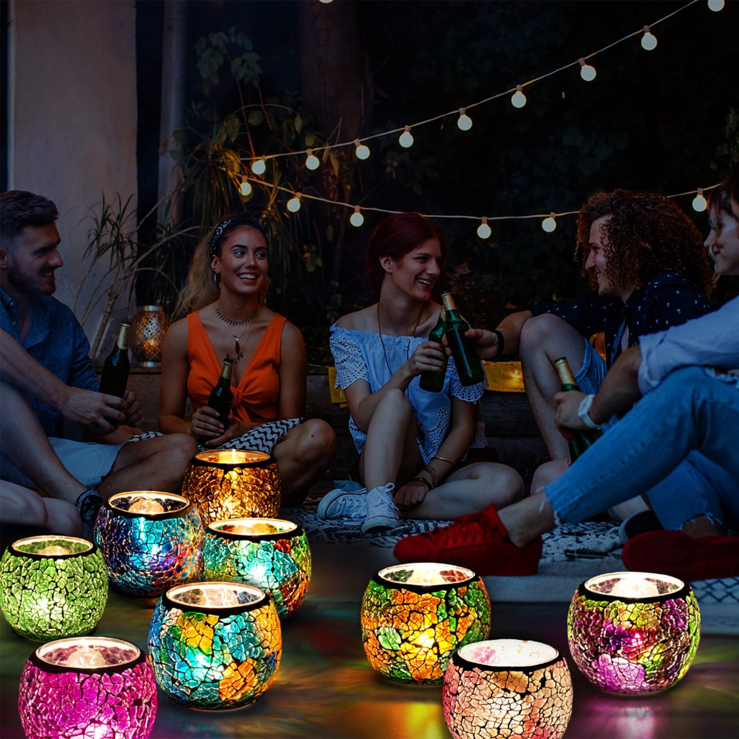 Scented Candle Holder Mosaic Glass Tea Light Holder,Handmade Romantic Glass Tealight Candle Holder for Aromatherapy,Party Décor(NO Candles),Also Used as Vase,Pen Holder,Potted Plants Bowl (Rainbow)