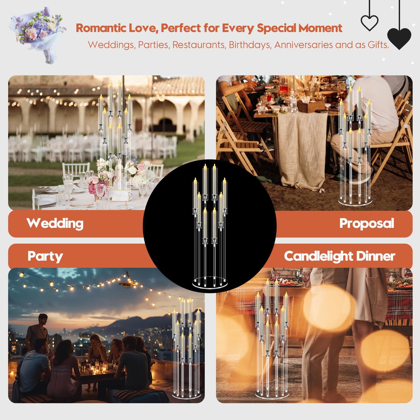 2 Sets 8 Arm Acrylic Candle Holder, Mjkeomo 38.5'' Tall Candelabra Centerpieces for Tables Clear Candlesticks Holder with Lampshade for Housewarming Gift Fireplace Dinner Decor Fit 0.82'' LED Candle