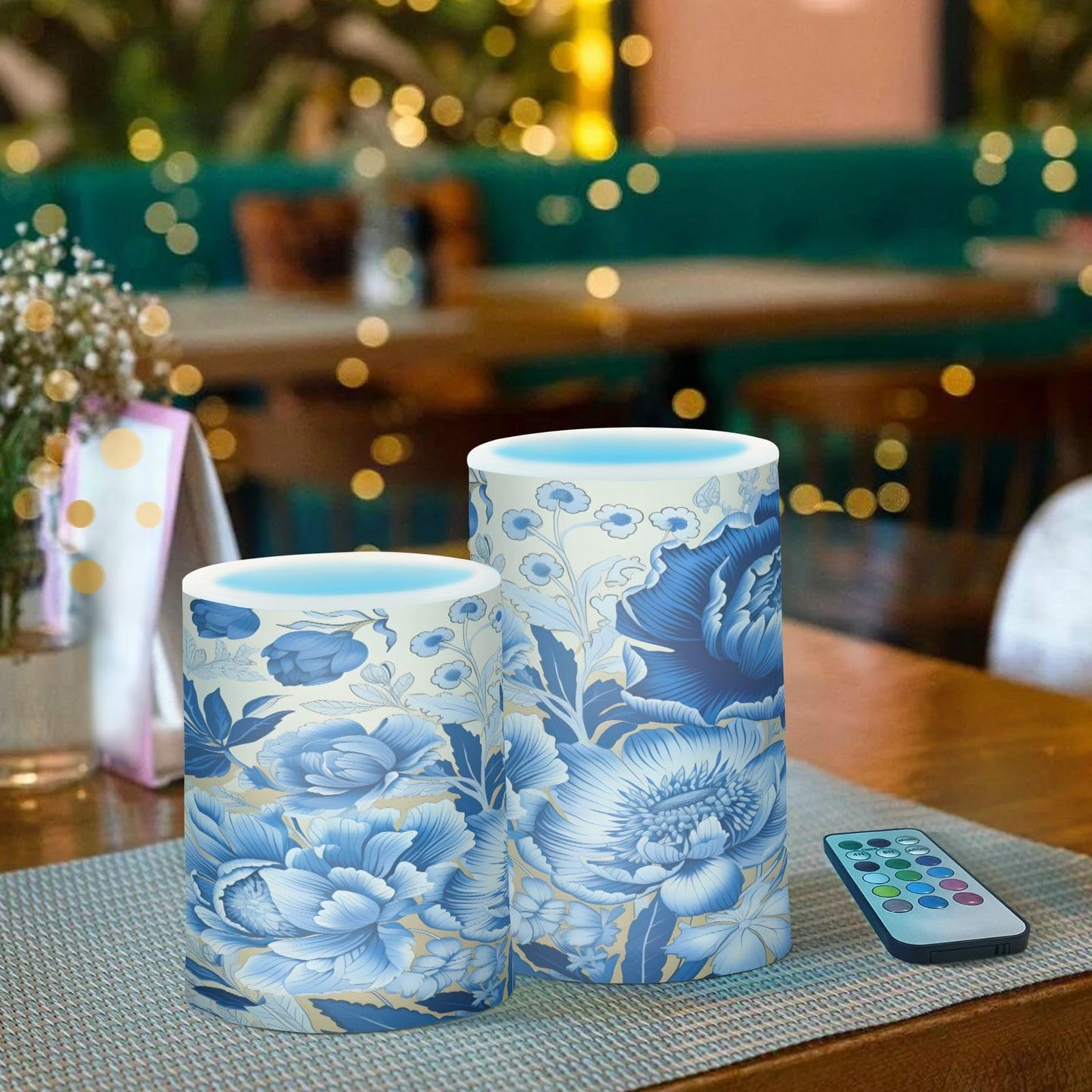 ALAZA White Navy Blue Flowers Floral Flickering Flameless Candles Battery Operated with Remote Timer,Tea Light Candles LED Pillar Votive Candles Set of 2 for Outdoor Indoor Decorations
