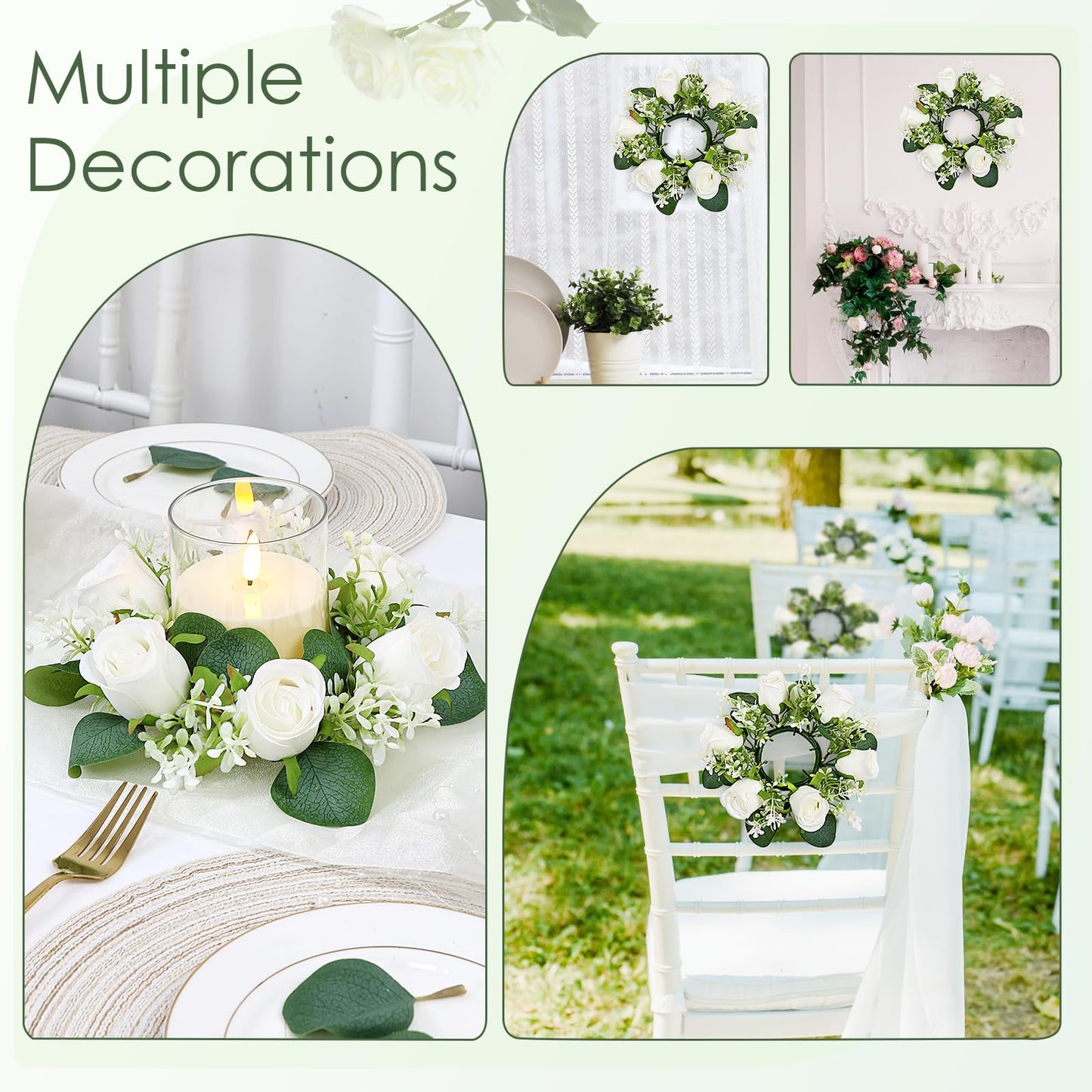 Acmee White Rose Candle Rings with Flameless Candles Sets - 12PCS Artificial Flower Eucalyptus Wedding Centerpiece 3 Inch Pillar Candleholders Wreaths for Wedding Party Decor (White - 6 Sets)