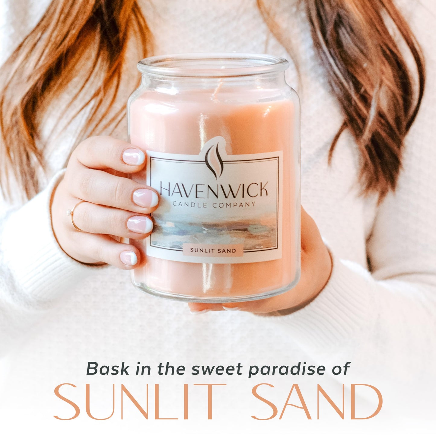 Havenwick Sunlit Sand Soy Blend 22-oz Large Jar Candle, Long Lasting 110-130 Hour Burn Time with Single Cotton Wick, Relaxing Scented Candles for New Home Gift & Housewarming Parties