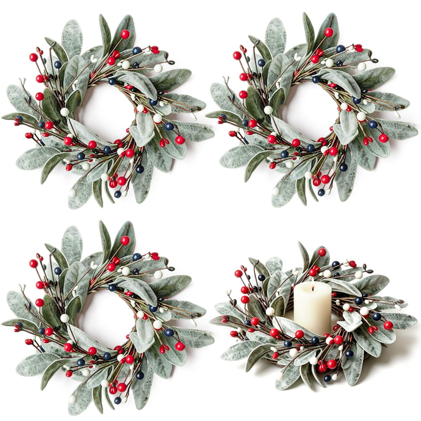 4 PCS Patriotic 4th of July Candle Rings Wreaths Independence Day Candle Rings Holder with Red White Blue Berries & Lamb's Leaves Mini Memorial Day Labor Day Wreath for Home Table Centerpiece Decor