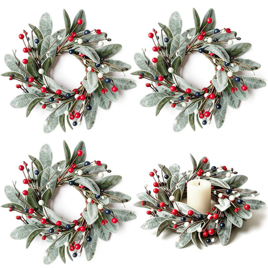 4 PCS Patriotic 4th of July Candle Rings Wreaths Independence Day Candle Rings Holder with Red White Blue Berries & Lamb's Leaves Mini Memorial Day Labor Day Wreath for Home Table Centerpiece Decor