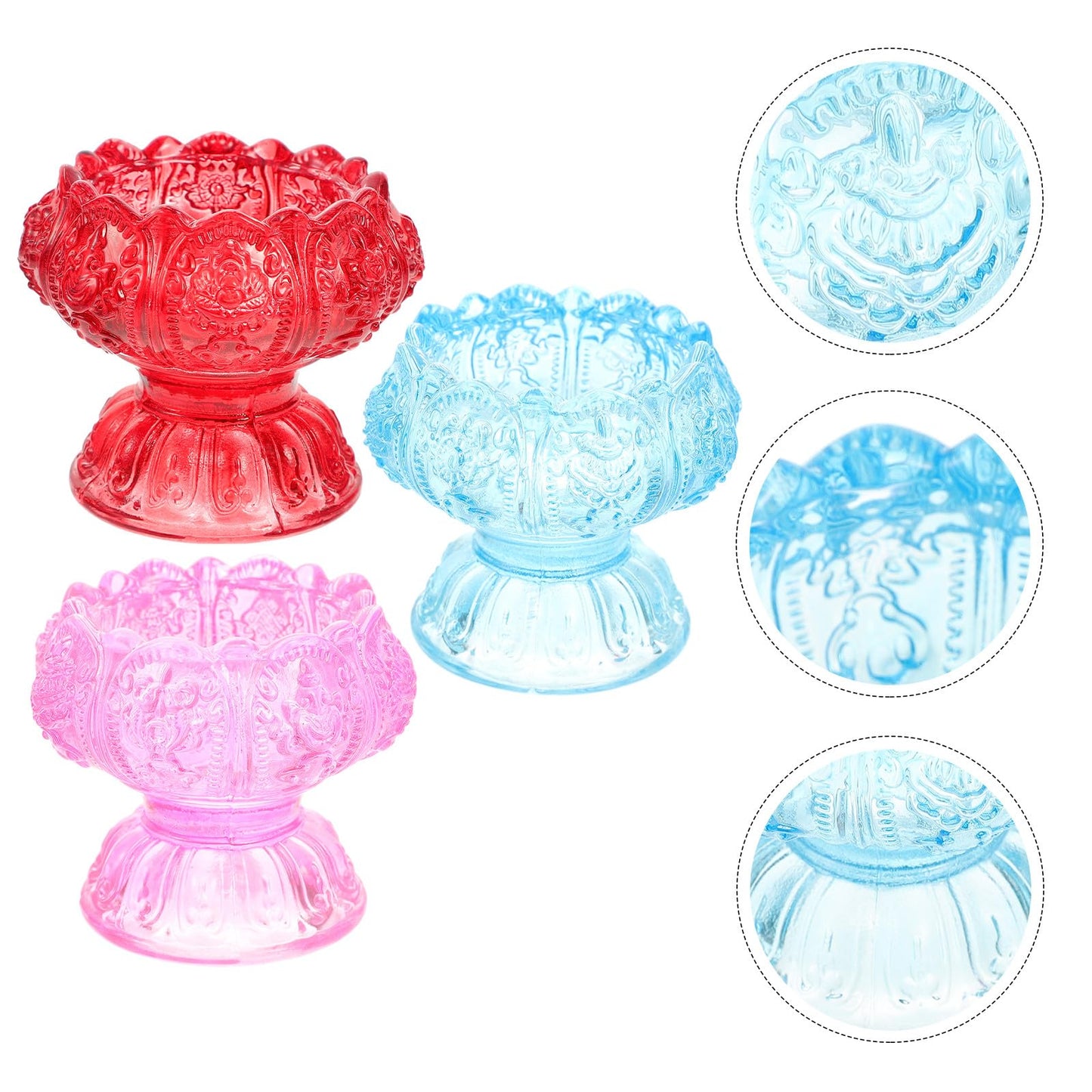 Alipis 3pcs High Base Glass Candleholders Set, Religious Butter Lamp Candle Holders with Blue, Red, and Pink Small Crystal Glass Tealight Stands for Home Décor and Spiritual Use