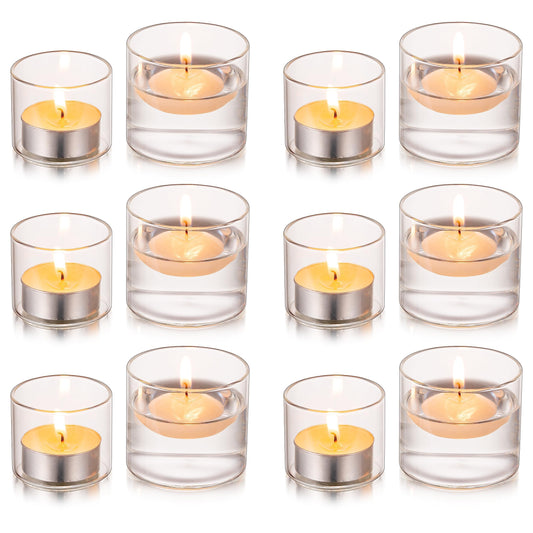 Glasseam Glass Votive Candle Holders - Clear Set of 12, Mini Floating Tea Lights for Wedding Centerpieces, Christmas Party Decorations, 1.6"+2