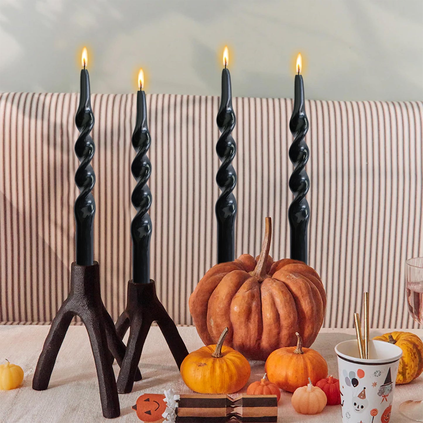 Halloween Taper Candle Black Candles - 4 PCS Spiral Candles Unscented Twisted Candlesticks 10 inch for Christmas Dinner Wedding Home Decor, Relaxation & All Occasions
