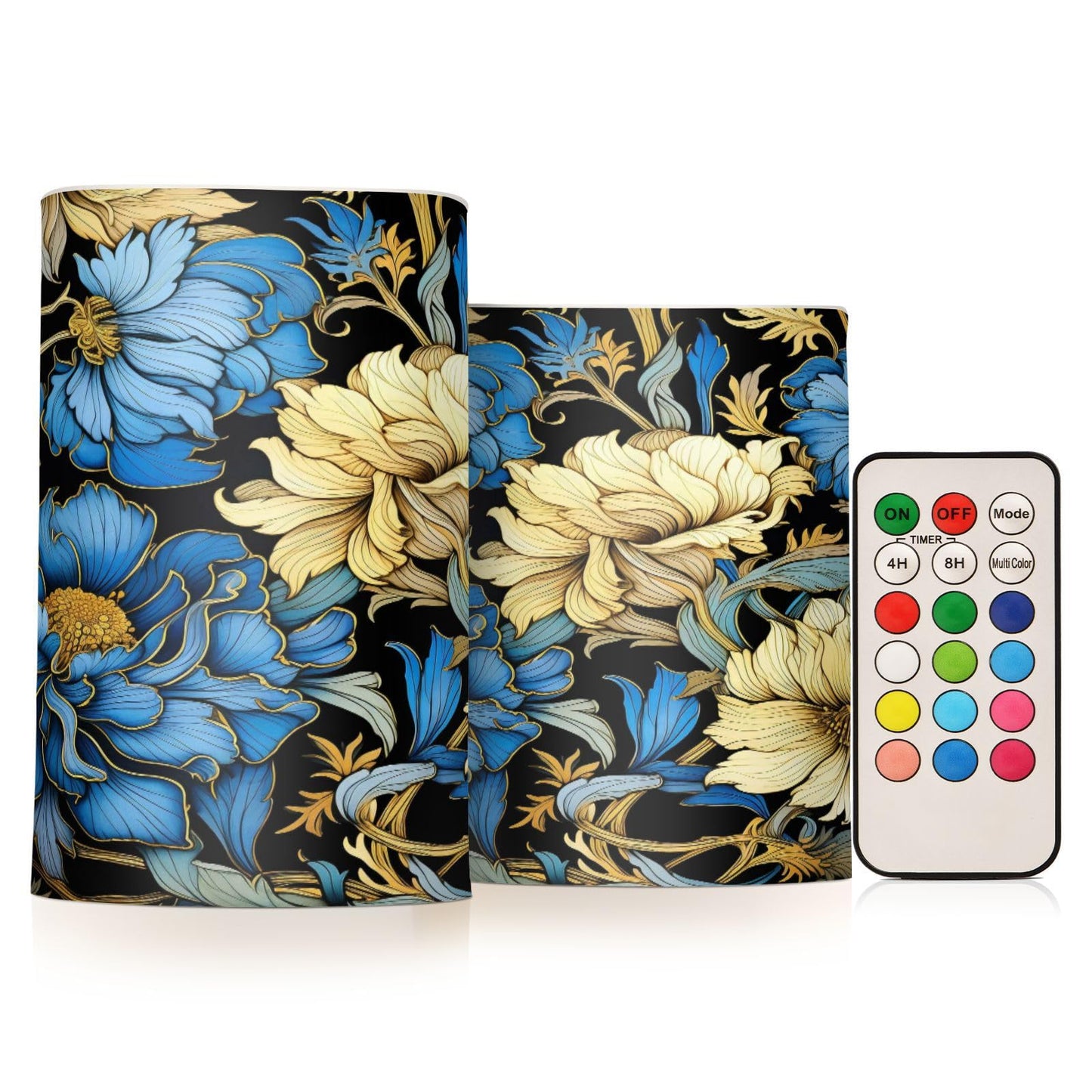 ALAZA Blue Gold Luxury Flowers Flickering Flameless Candles Battery Operated with Remote Timer,Tea Light Candles LED Pillar Votive Candles Set of 2 for Outdoor Indoor Decorations