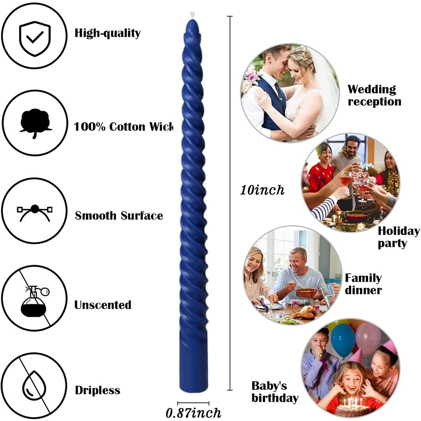 8 Pack 10 Inch Navy-Blue Spiral Taper Candle Set, 7/8 Inch Unscented Driples Candlesticks for Home Decoration, 6-7 Hours Burn