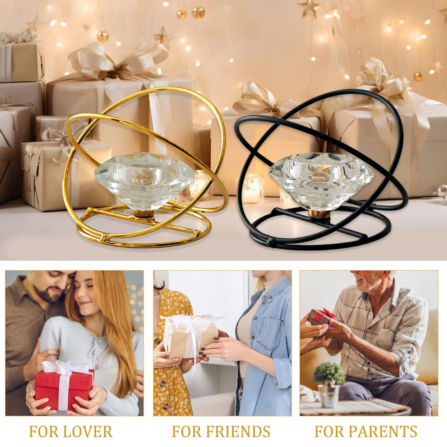 Modern Geometric Candle Holder – Metal & Crystal Design for Taper and Tealight Candles – Tabletop Home Decor (Candle Not Included) (Gold)