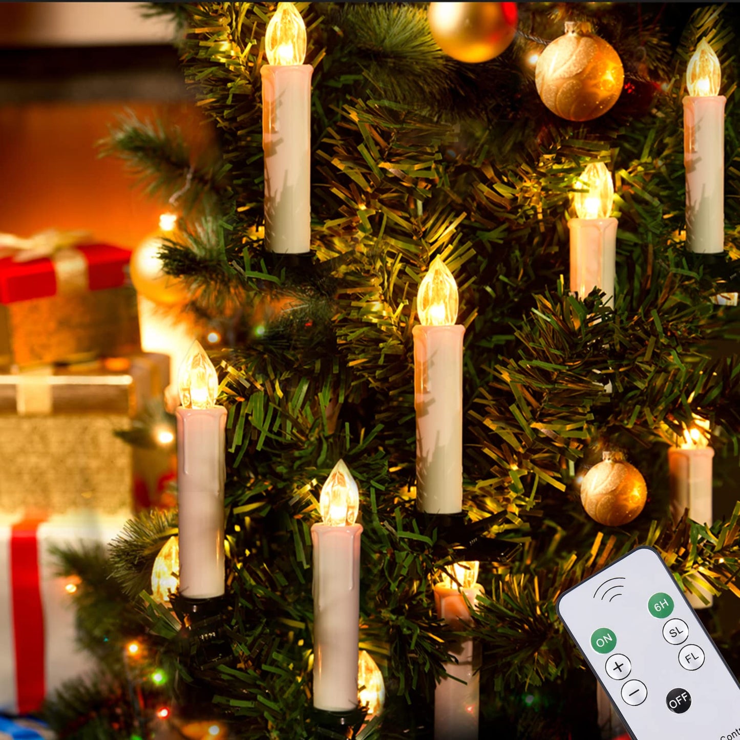 JOSU Flameless Christmas Trees Candles, 12Pcs Led Flickering Lights Battery Operated Candlesticks with Remote Timer/Clips, Warm White Window Taper Candles for Home Wedding Halloween Birthday Decor