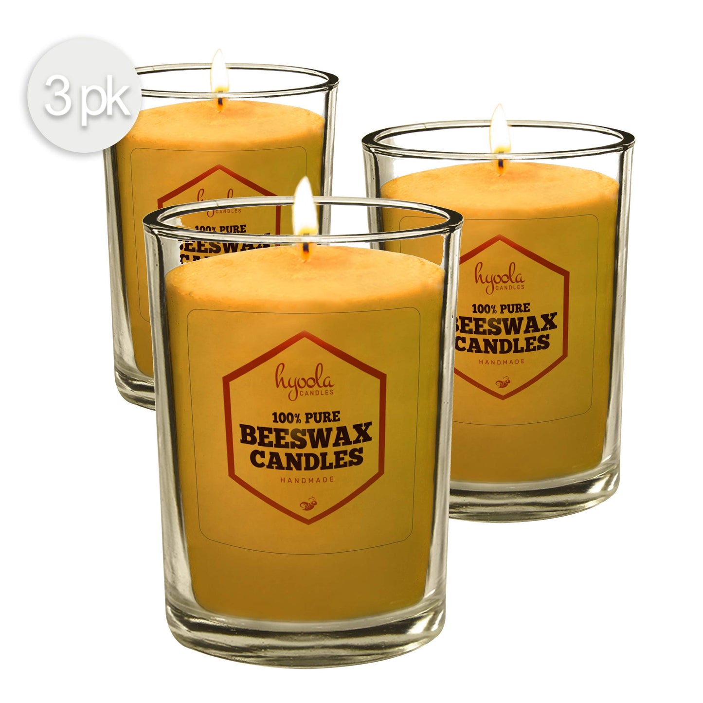Hyoola Beeswax Votive Candles 3 Pack - Handmade, All Natural, 100% Pure Unscented Bee Wax Candle - Decorative, Golden Yellow Beeswax Candle - 30 Hour Burn Time