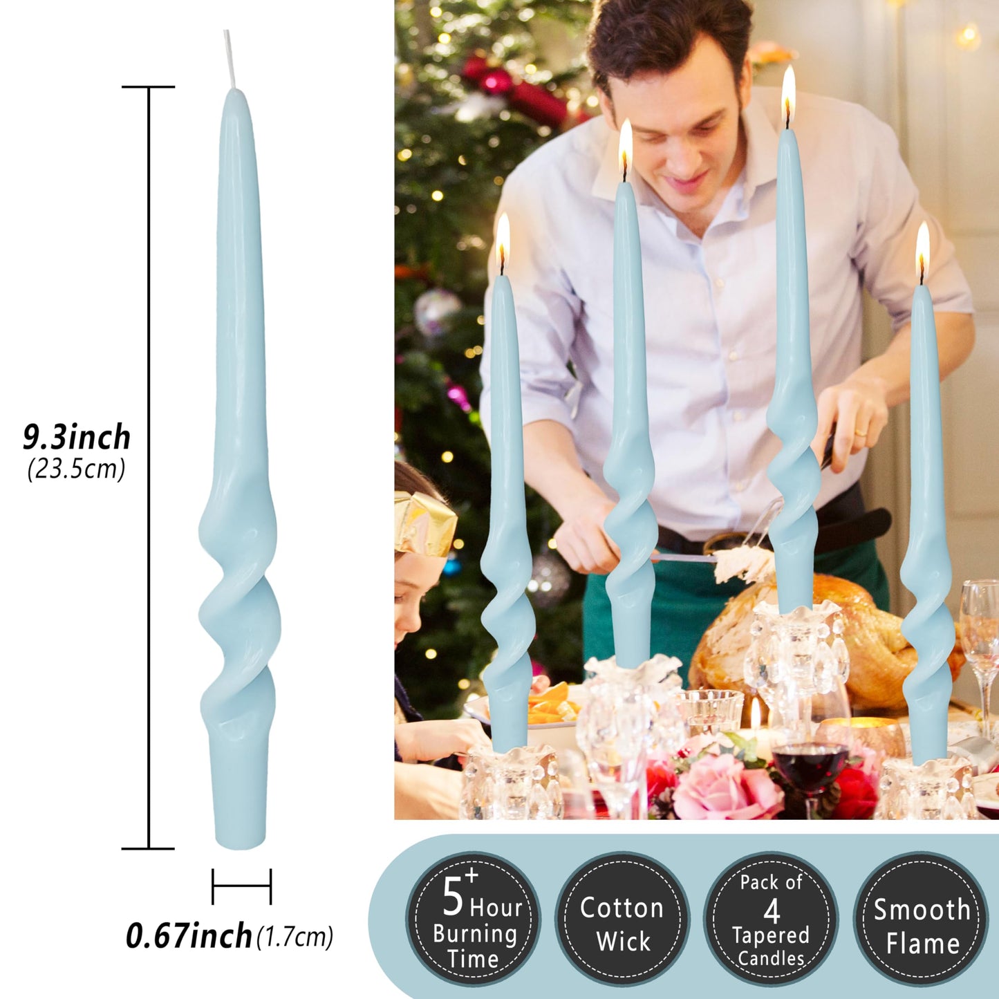Blue Spiral Taper Candle Unscented Long Candle Twisted Candlesticks for Wedding Party Dinner Home Decoration